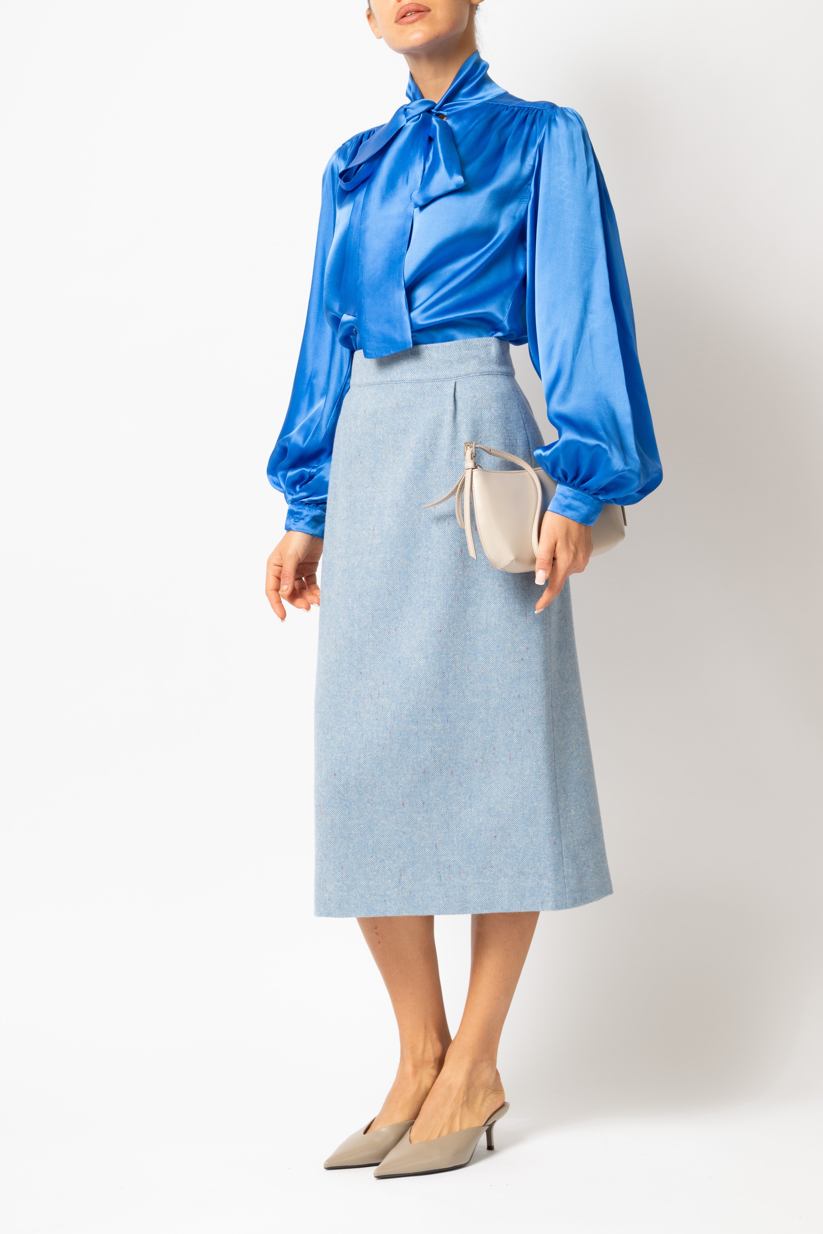 Fusta Creion Midi din Lana, Bleu