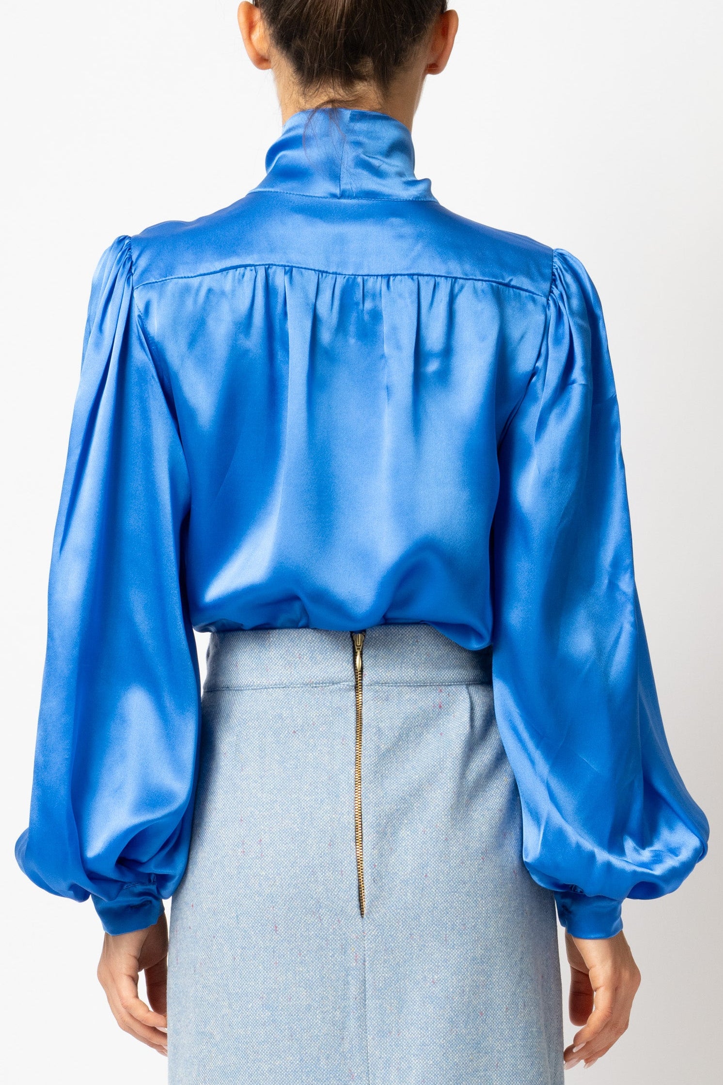 Silk Neck Scarf Bow Blouse, Cobalt Blue