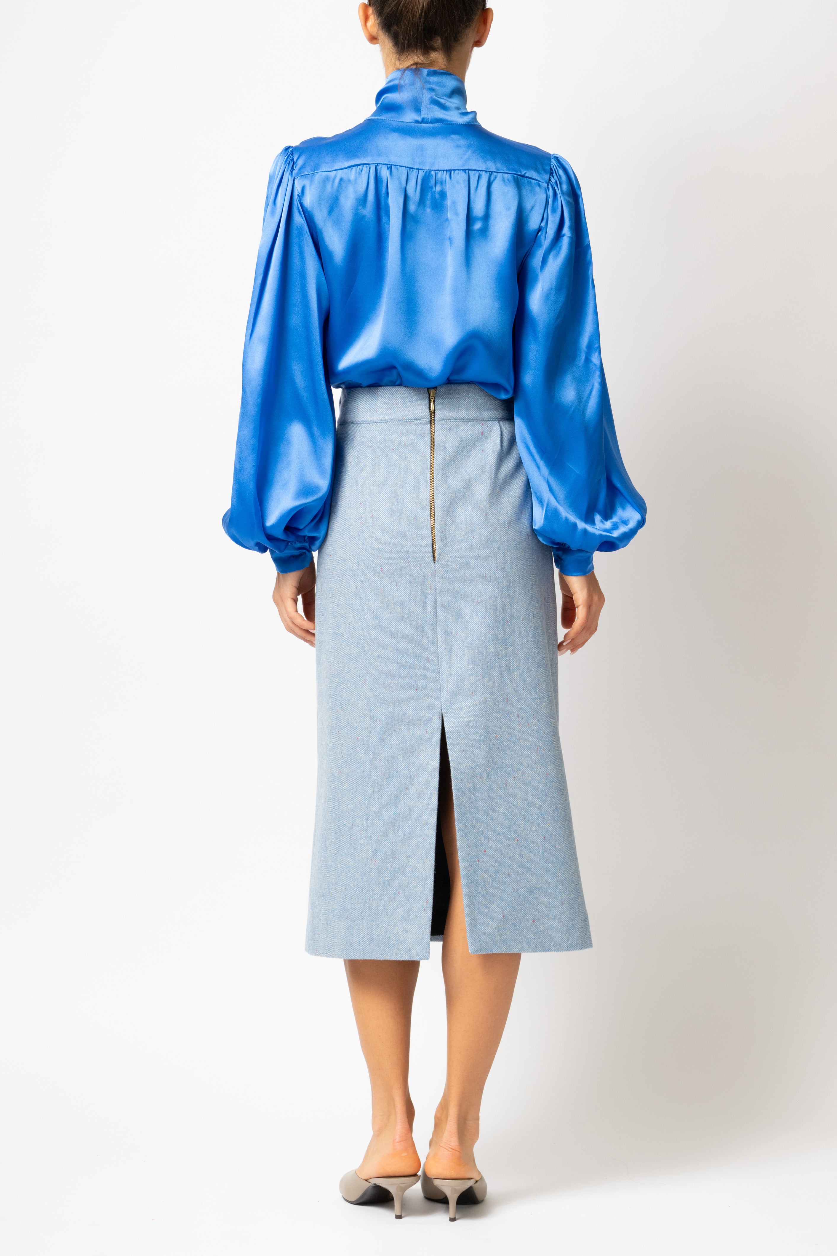 Wool Midi Pencil Skirt, Blue