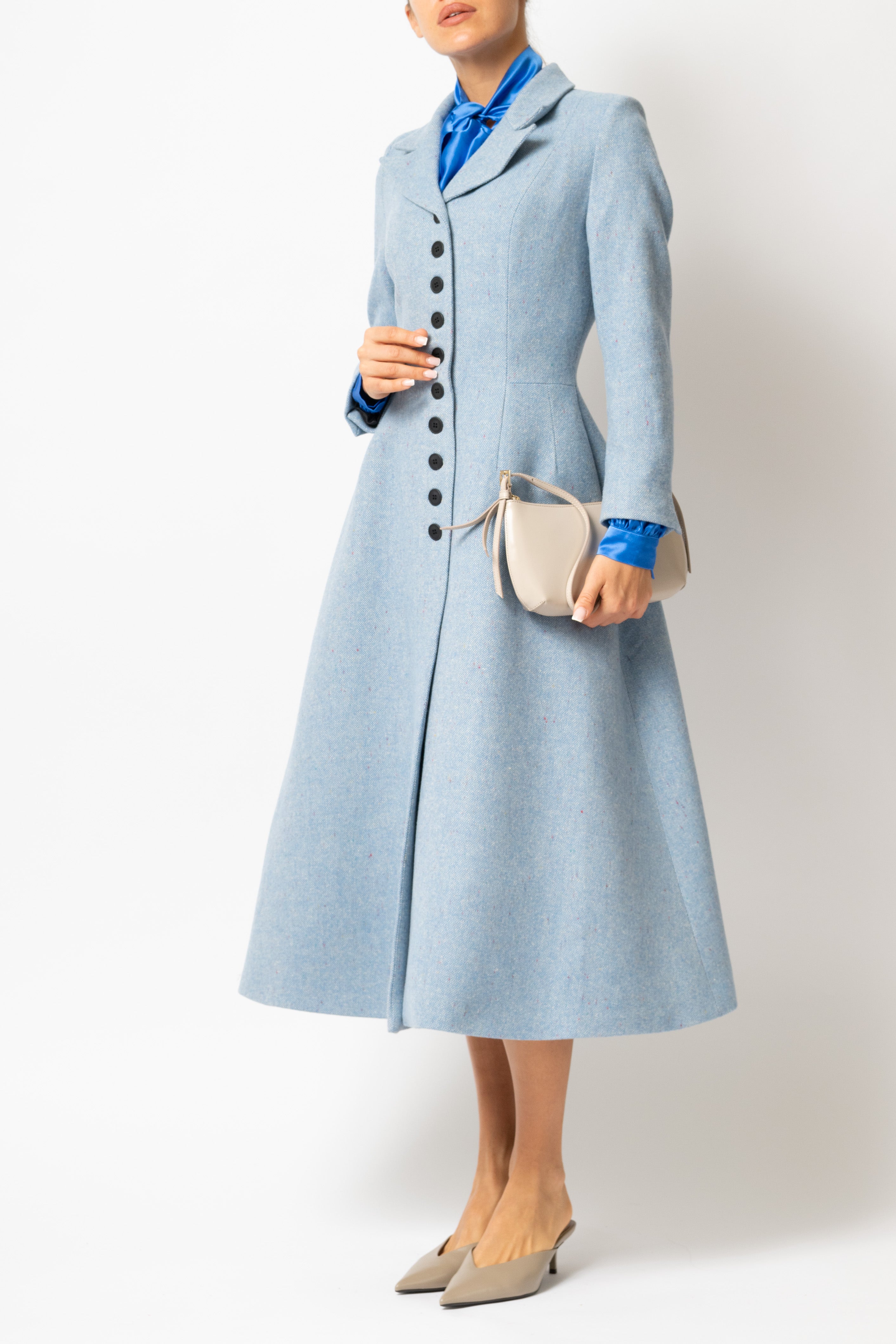 Palton Cambrat Tip Clopot din Tweed de Lana, Bleu