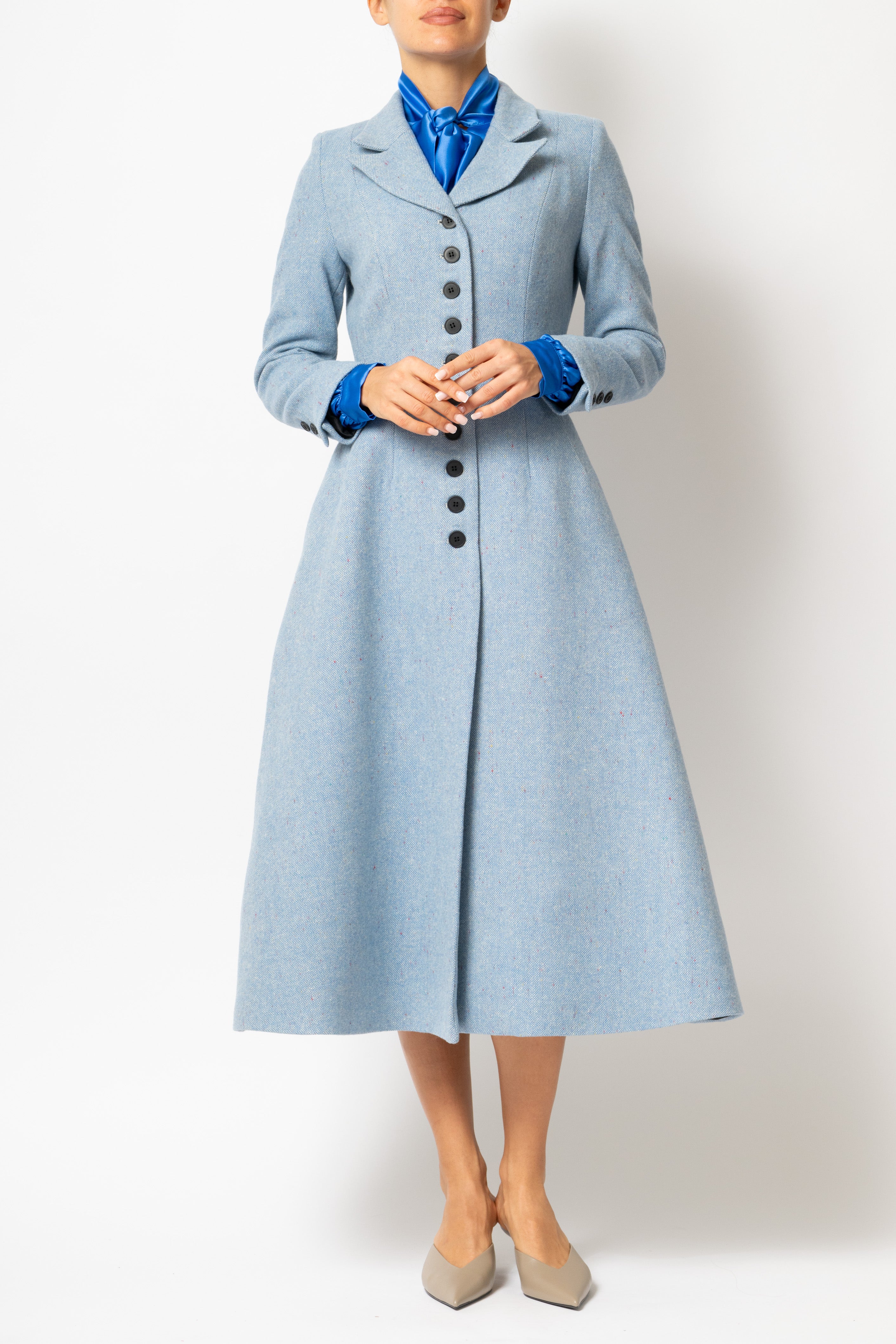 Palton Cambrat Tip Clopot din Tweed de Lana, Bleu