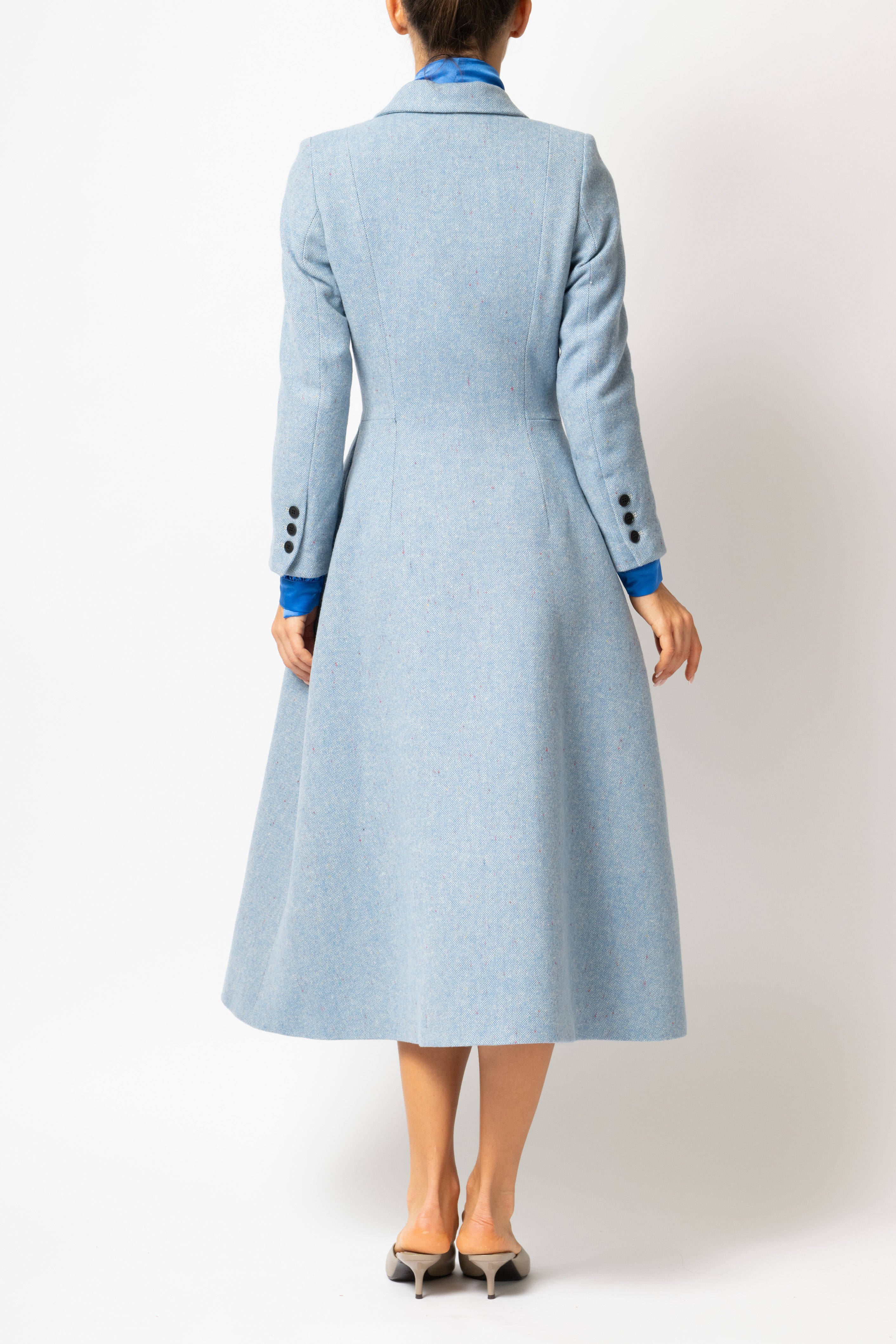 Palton Cambrat Tip Clopot din Tweed de Lana, Bleu