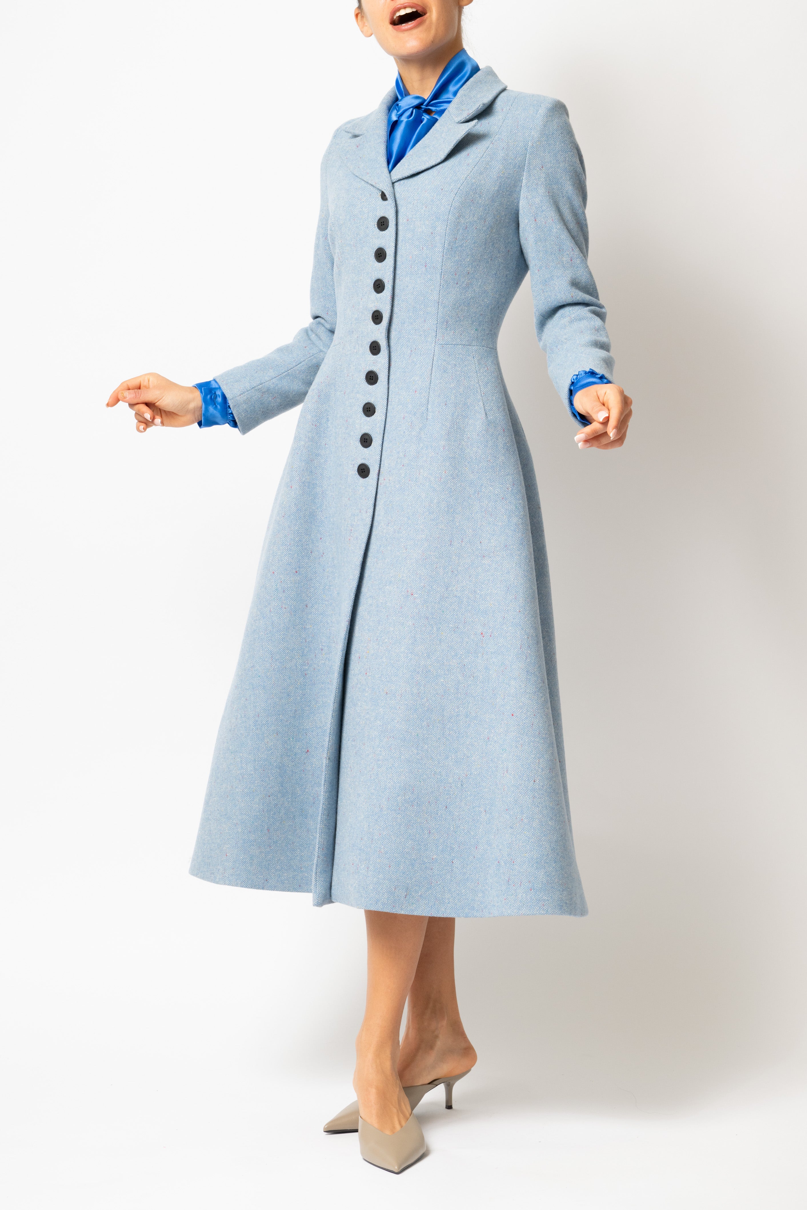 Palton Cambrat Tip Clopot din Tweed de Lana, Bleu