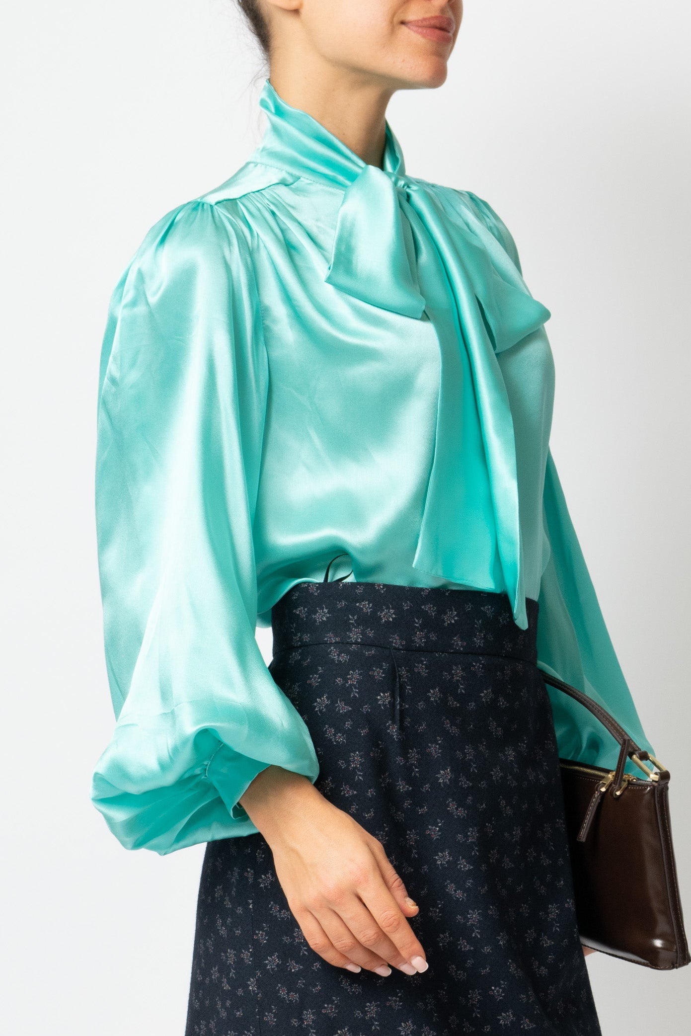 Bluza cu Funda Esarfa la Gat din Matase, Aqua