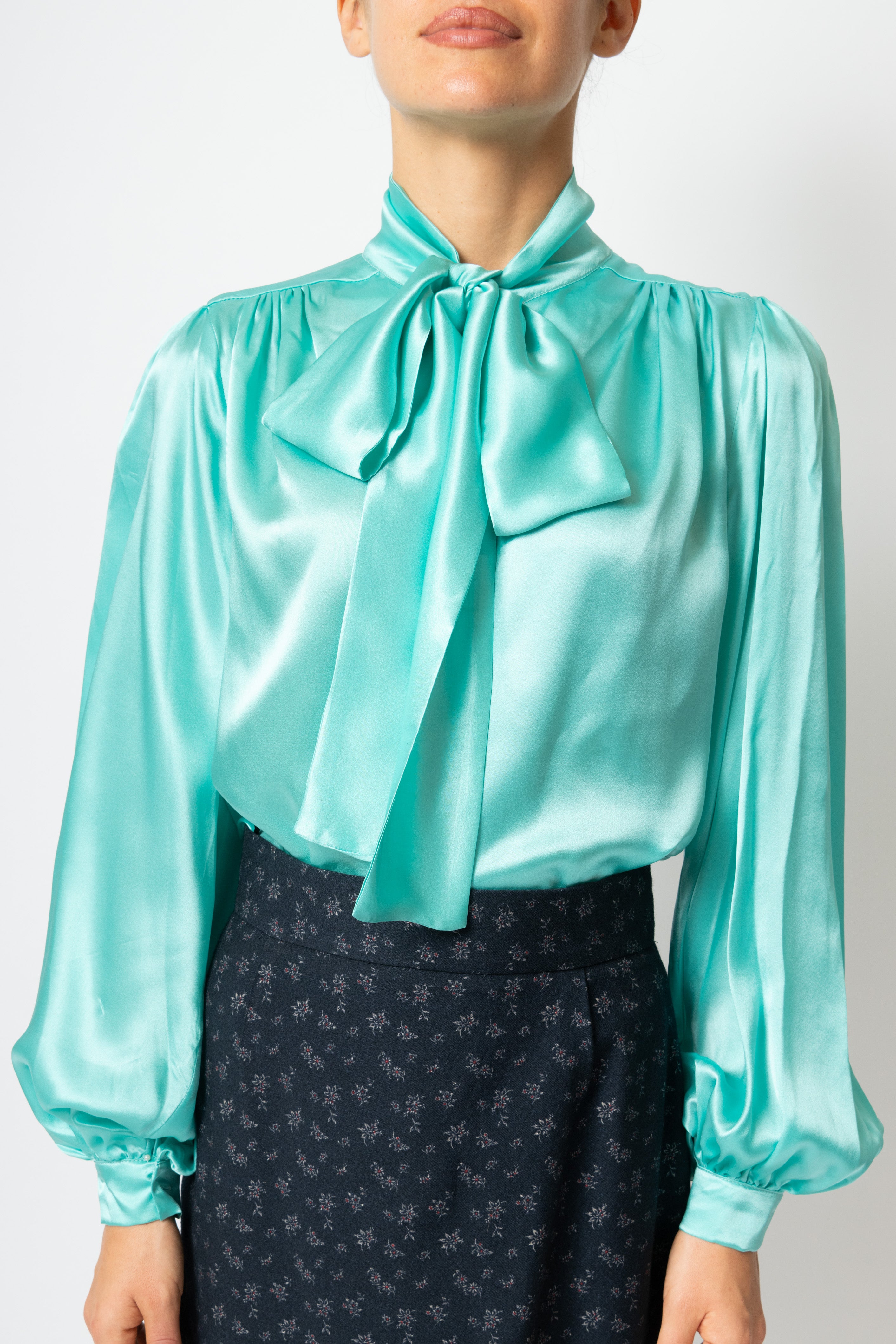 Blouse with Silk Neck Scarf, Aqua