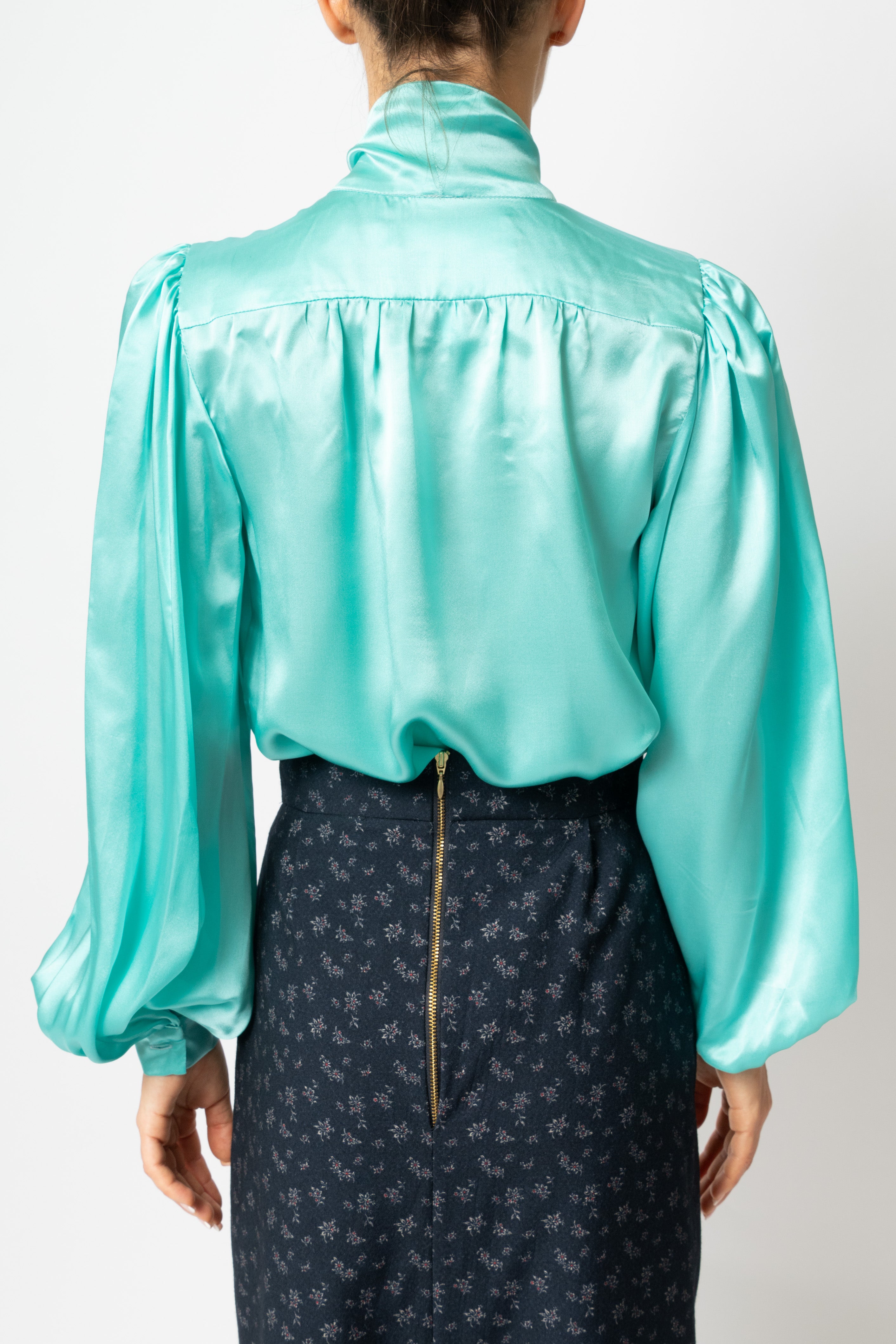 Blouse with Silk Neck Scarf, Aqua