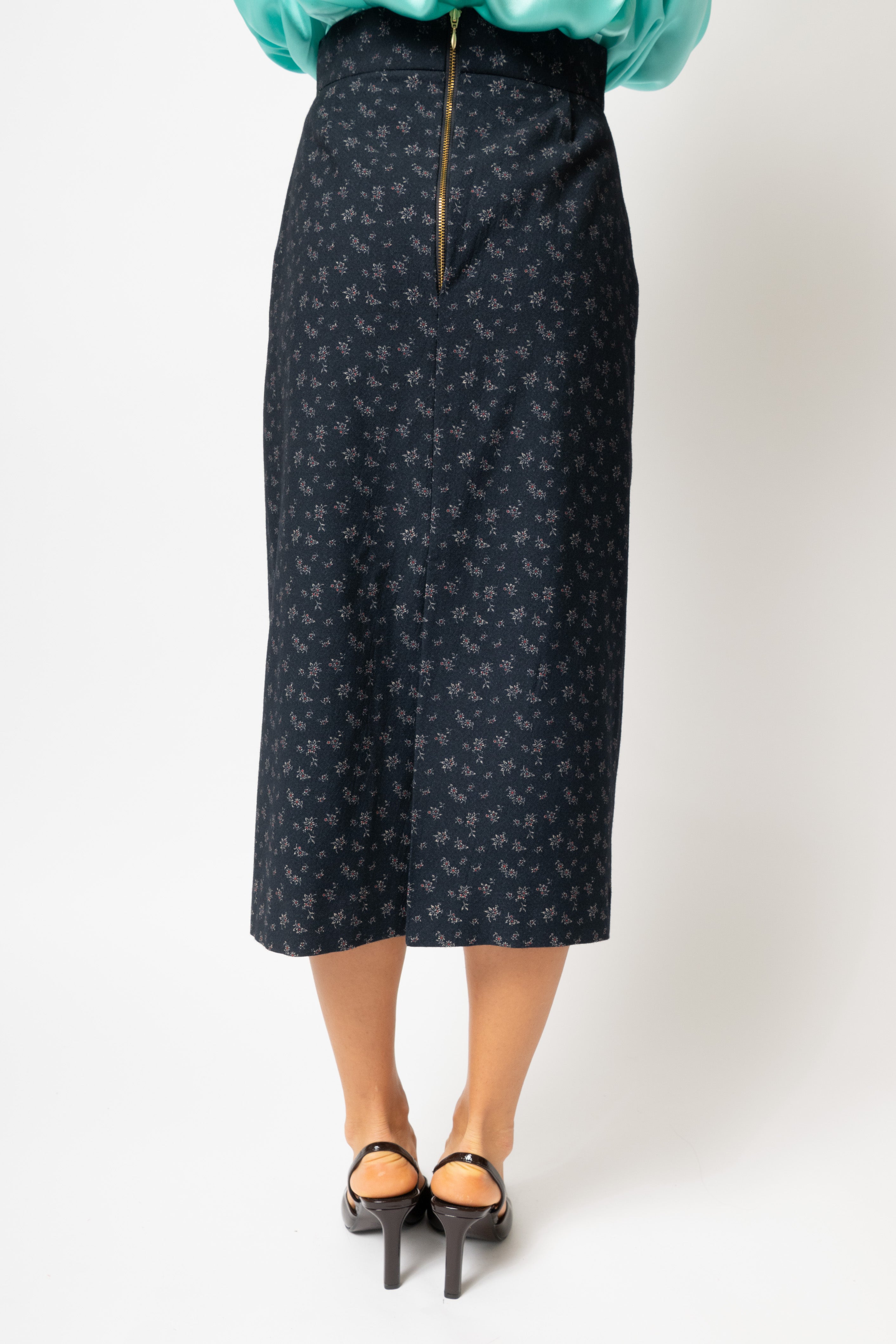 Midi Pencil Skirt with Wool Print, Navy Blue