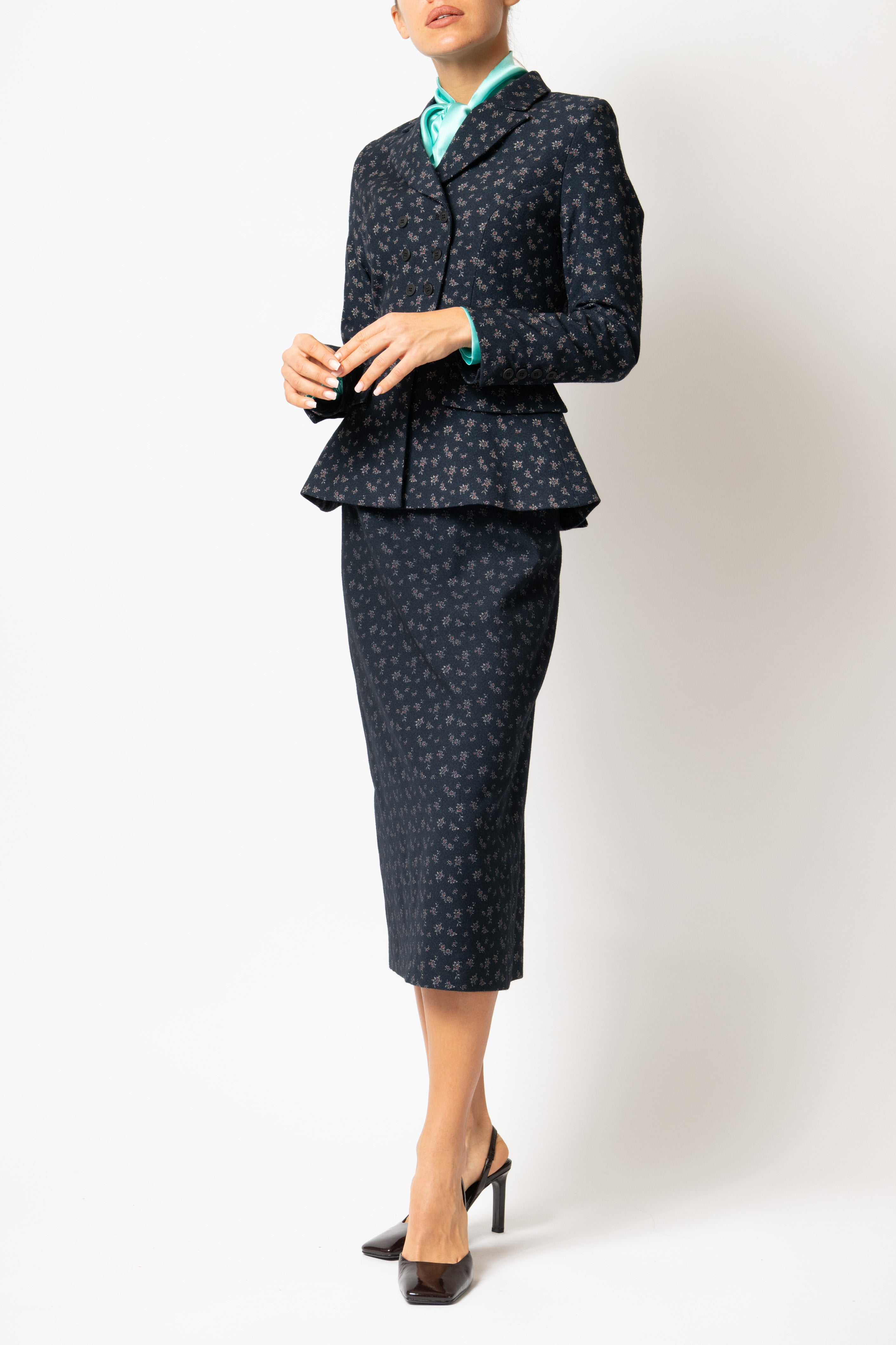 Sacou Cambrat cu Flori Mici din Lana, Bleumarin