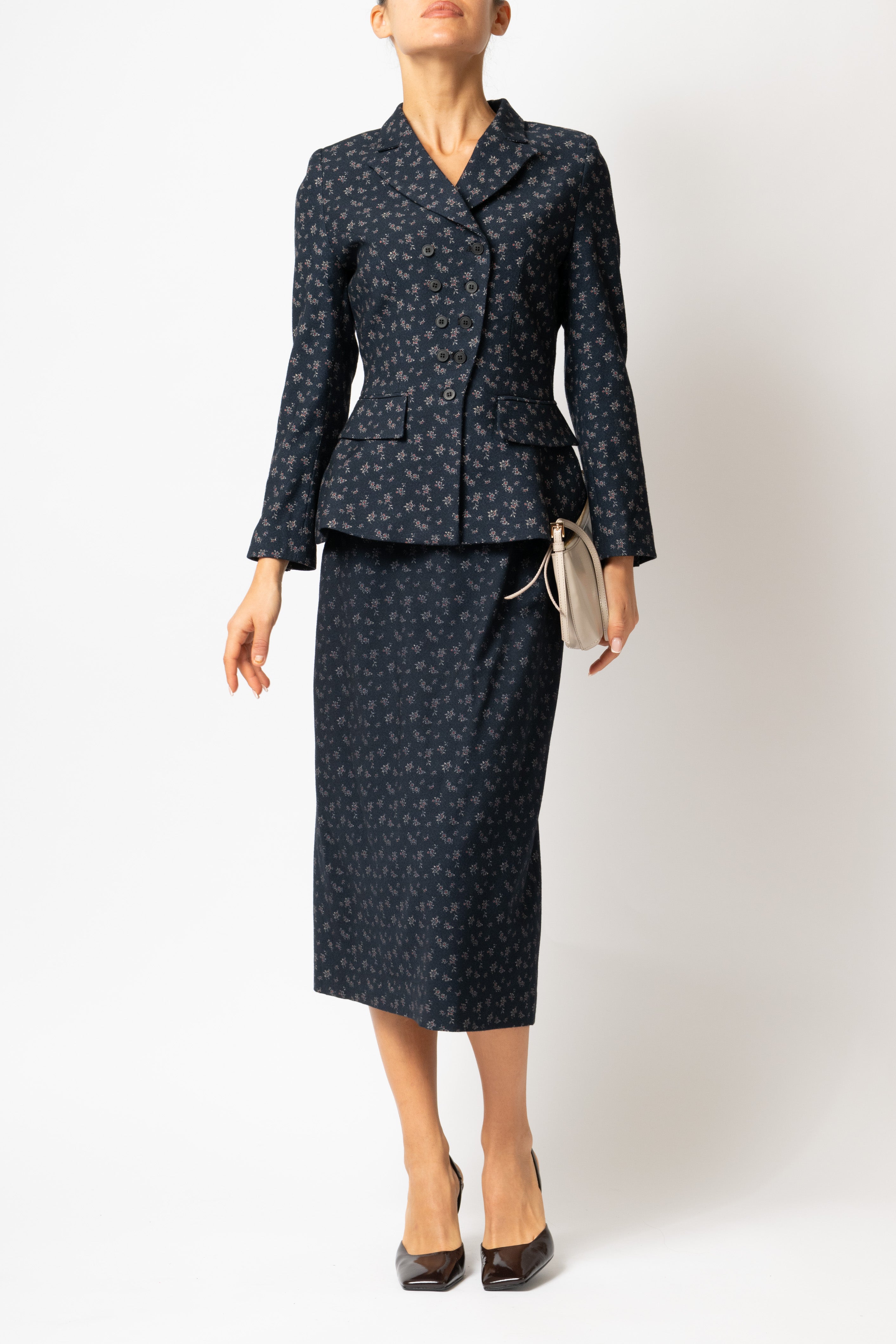 Midi Pencil Skirt with Wool Print, Navy Blue
