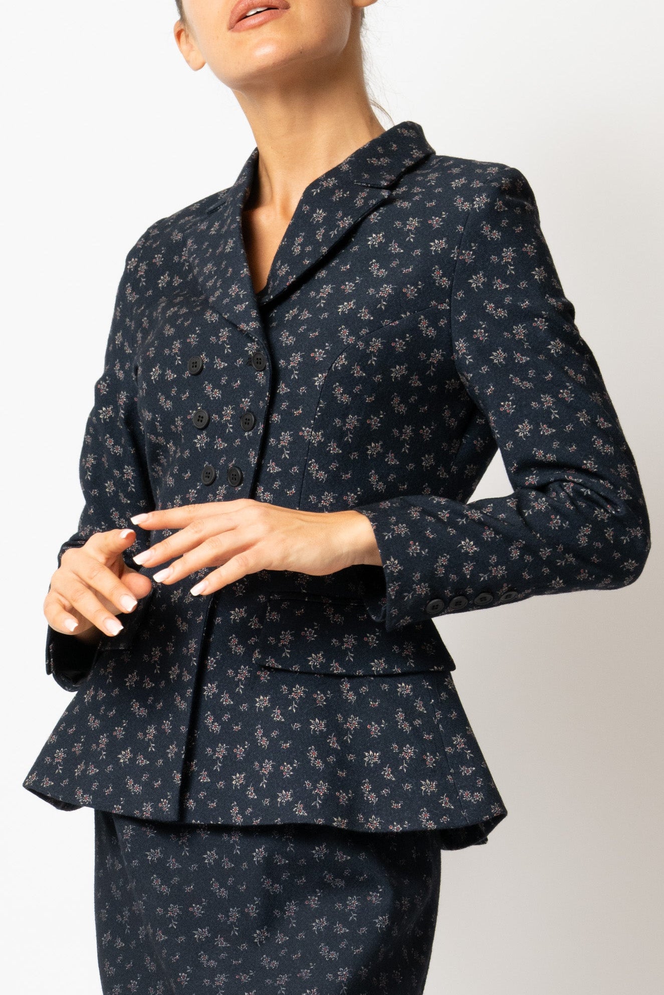 Sacou Cambrat cu Flori Mici din Lana, Bleumarin