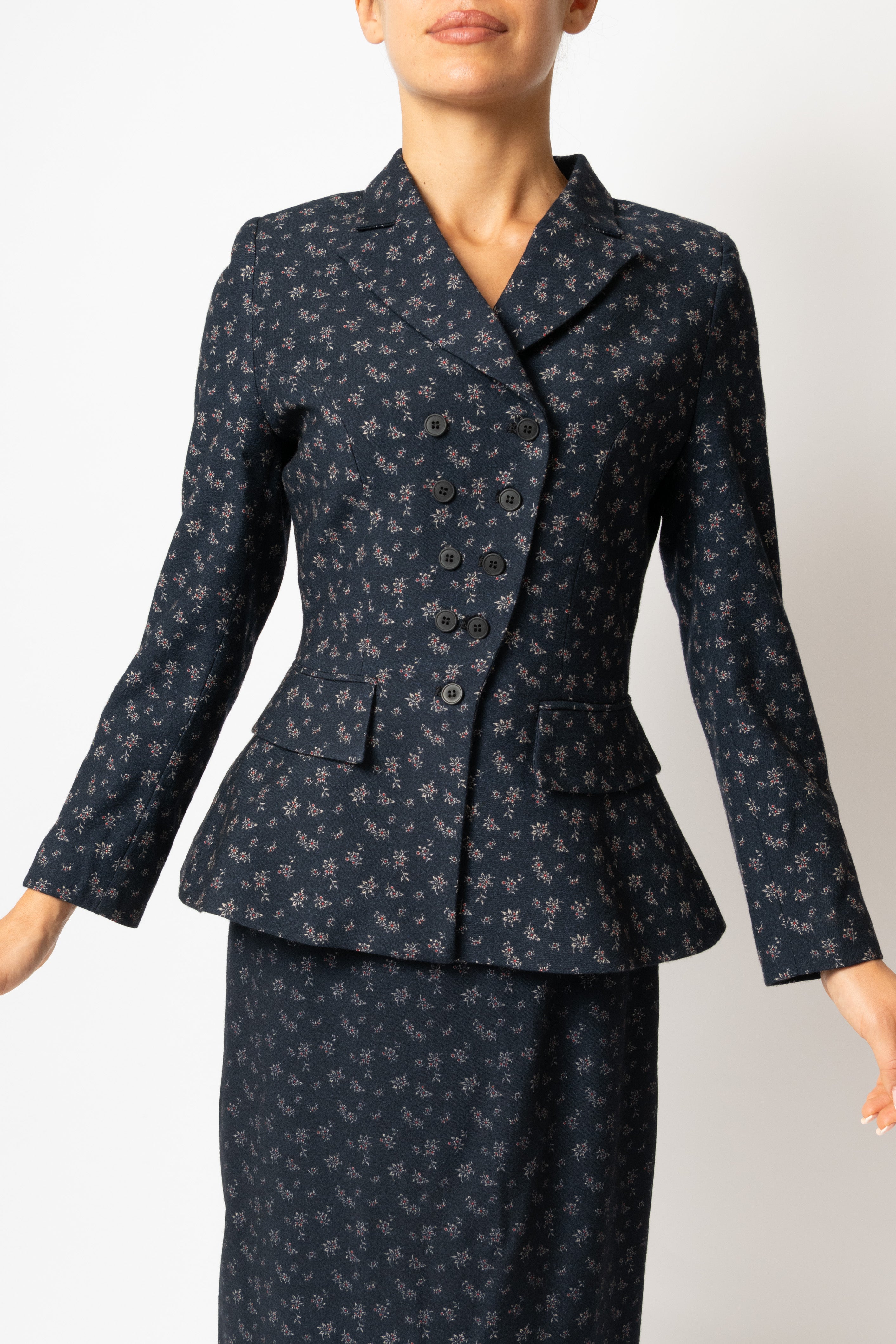 Sacou Cambrat cu Flori Mici din Lana, Bleumarin