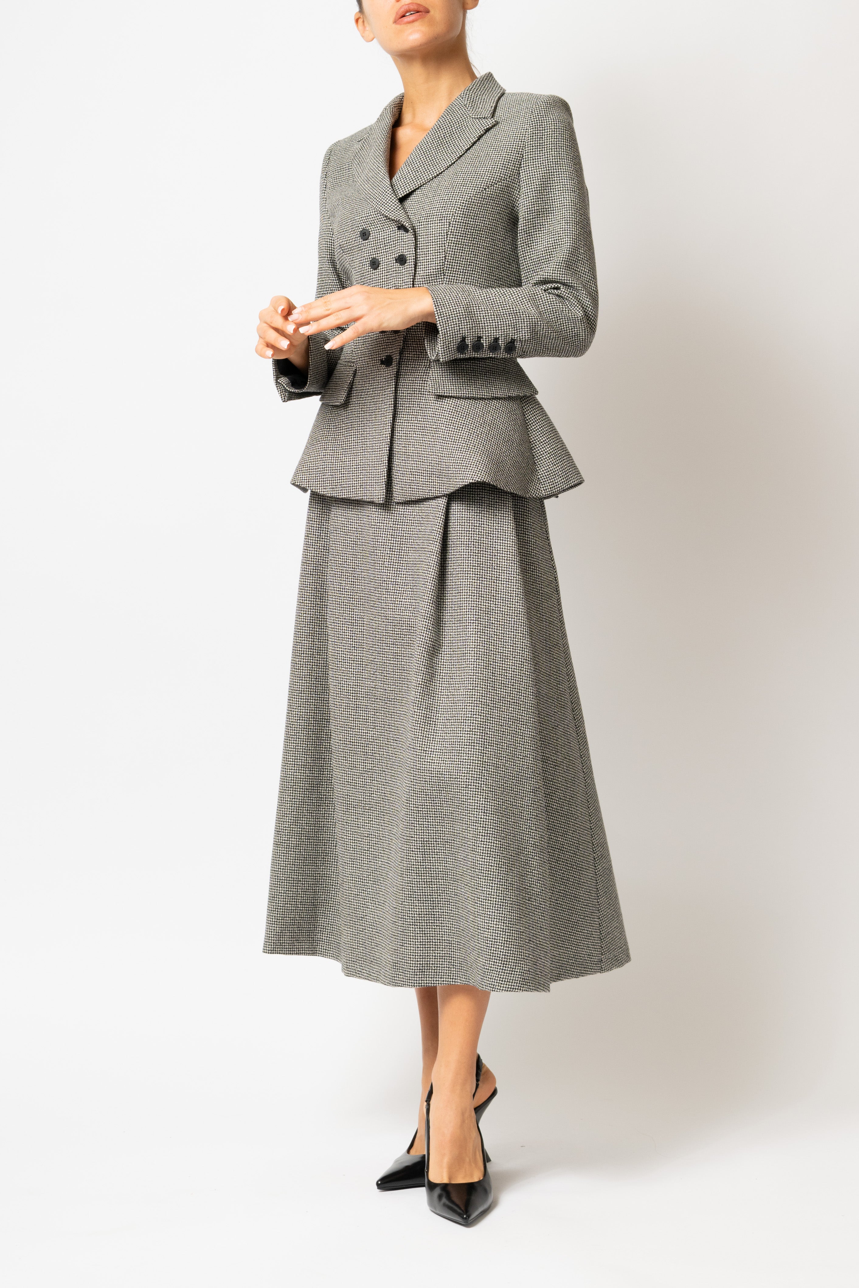 Fusta Midi Larga cu Pliuri in Carouri Mici din Lana, Gri