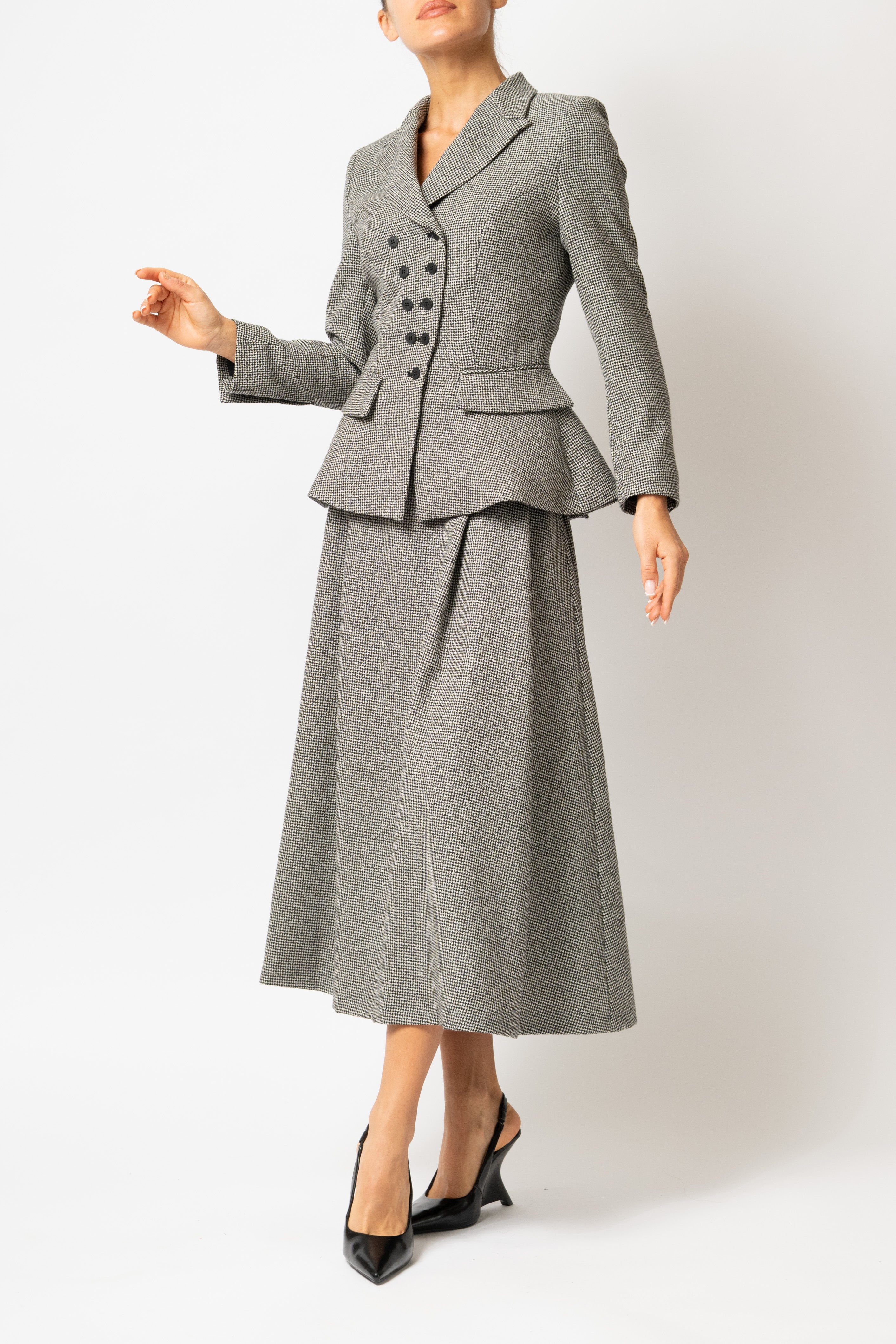 Wide Midi Skirt with Pleated Small Check Wool, Grey