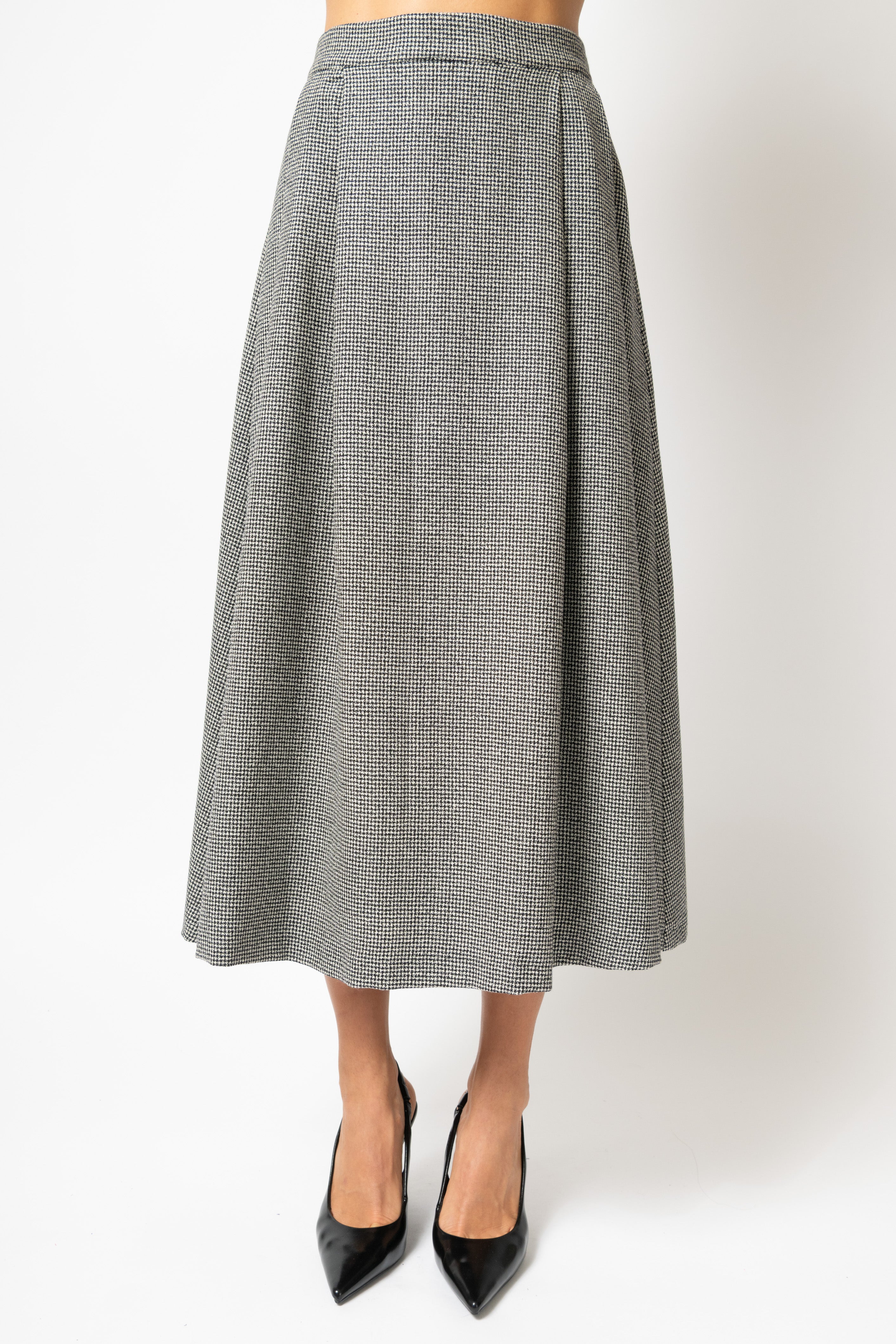 Wide Midi Skirt with Pleated Small Check Wool, Grey
