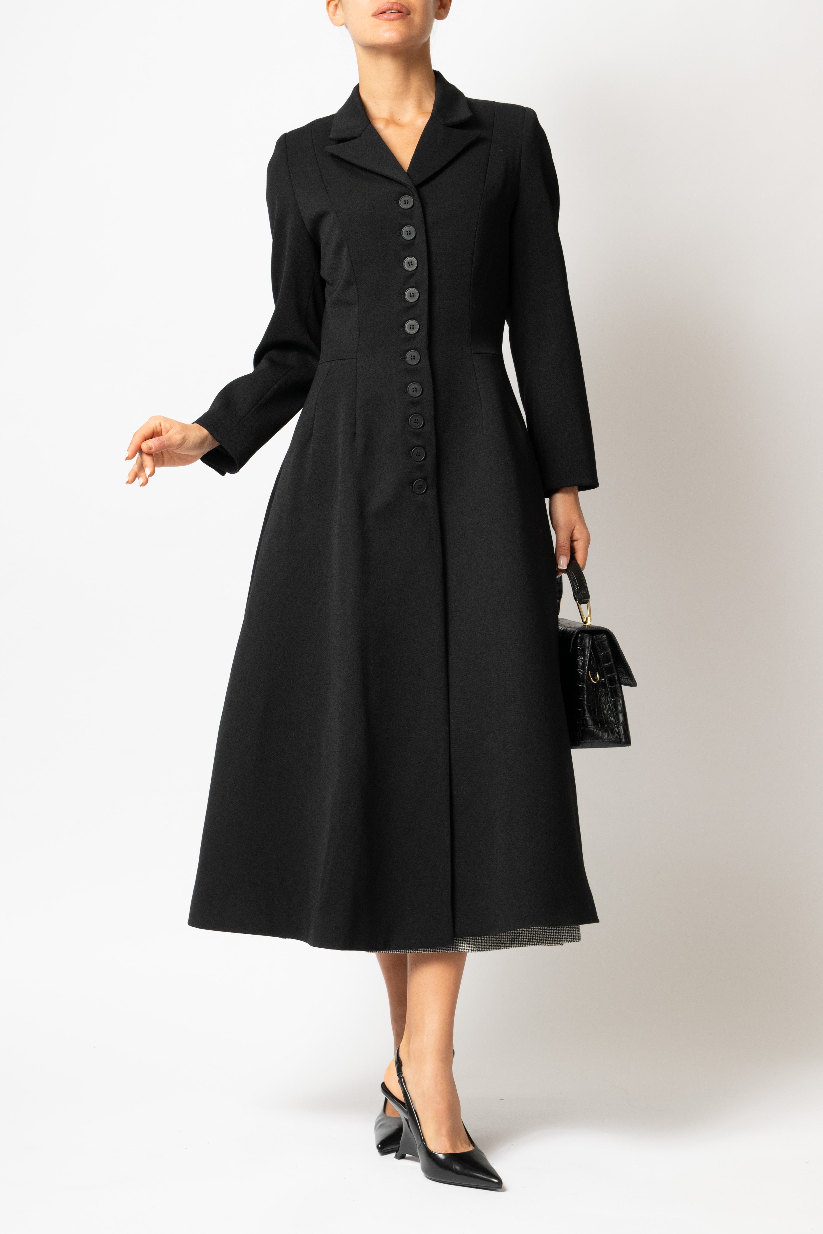 Palton Cambrat Tip Clopot din Stofa de Lana, Negru