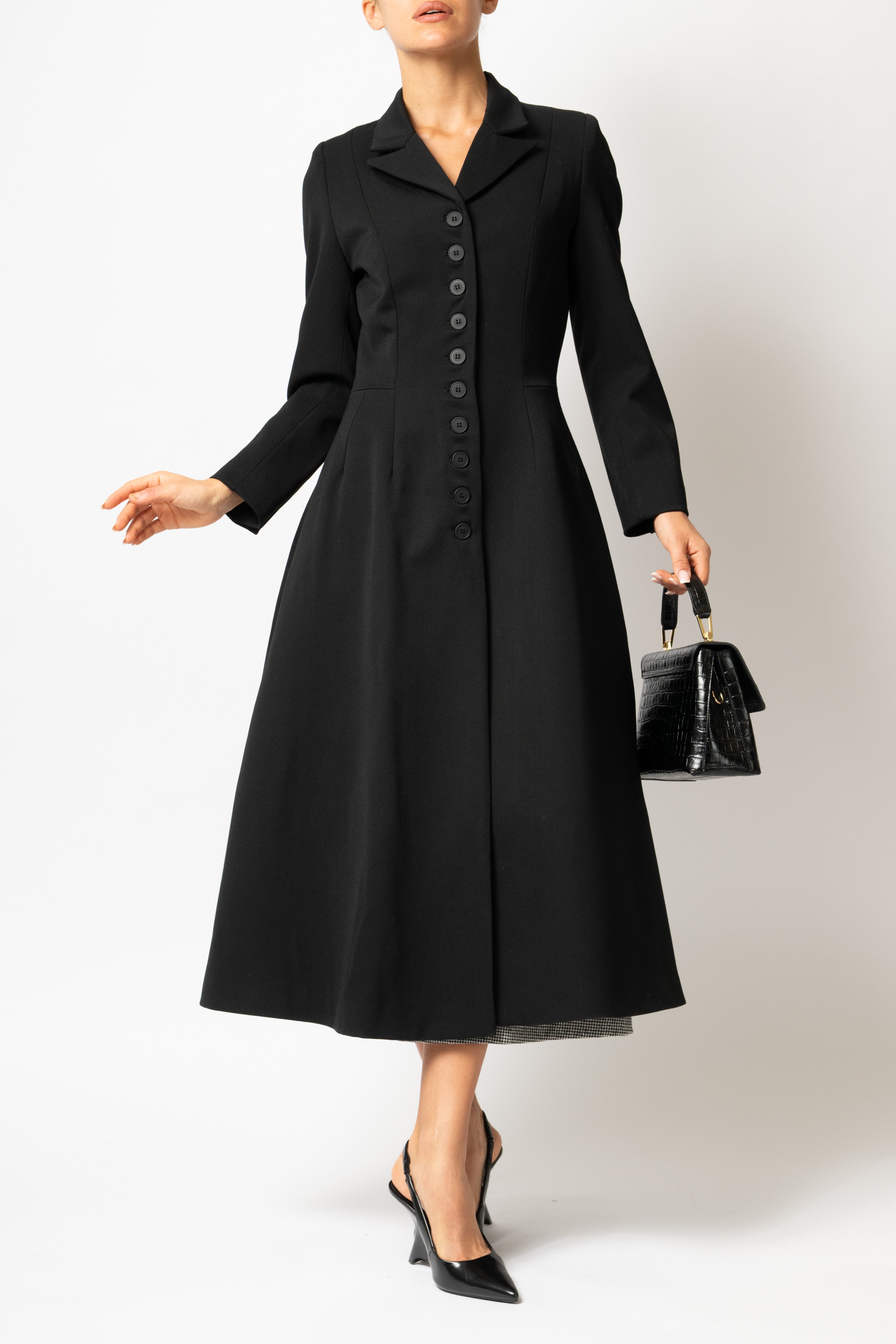 Palton Cambrat Tip Clopot din Stofa de Lana, Negru