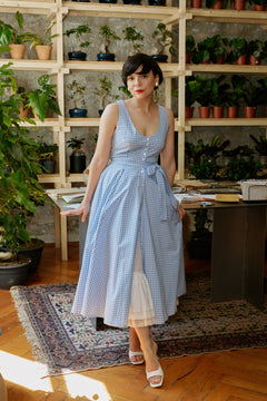 Rochie Midi cu Decolteu Rotund, din Bumbac in Carouri Bleu