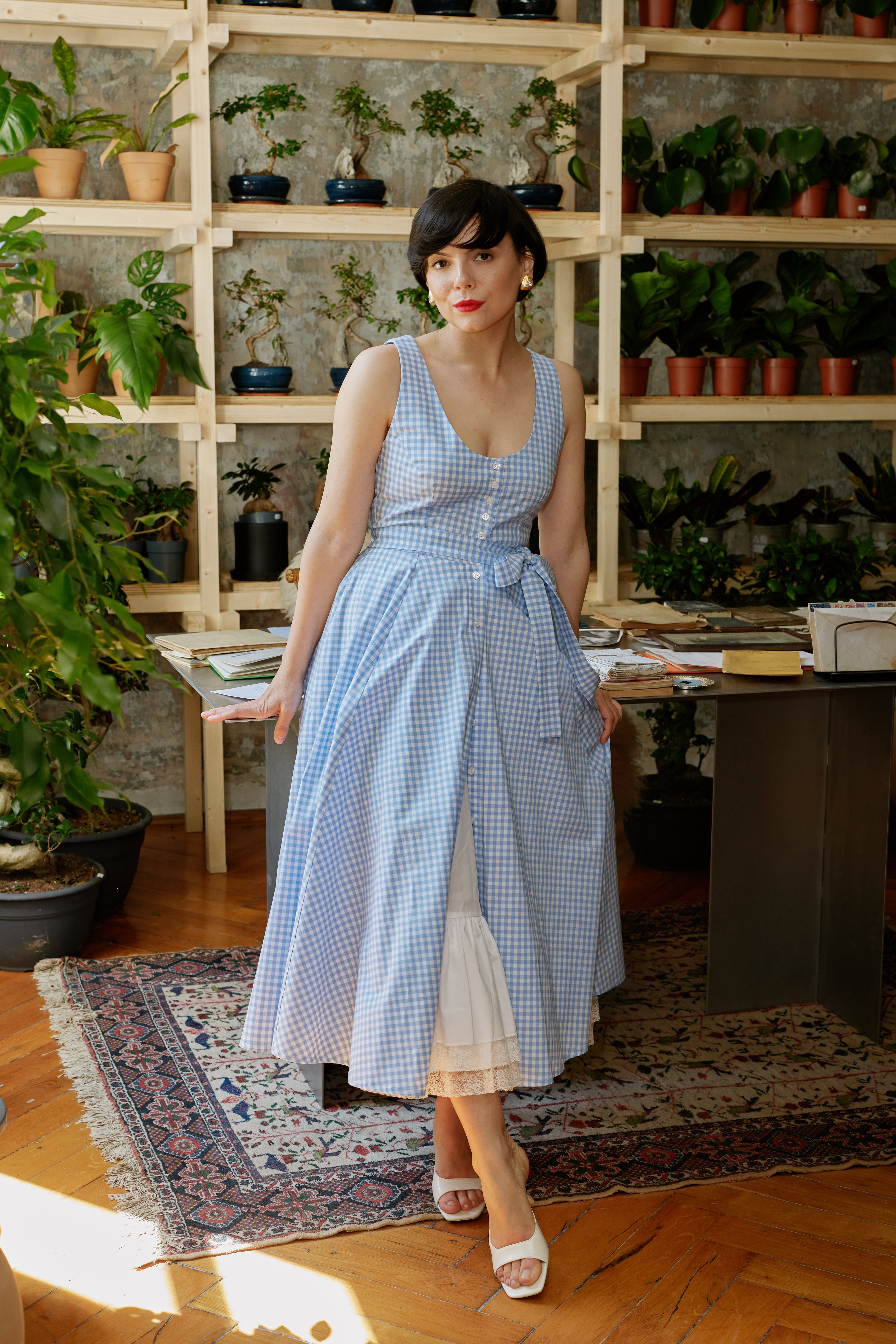 Rochie Midi cu Decolteu Rotund, din Bumbac in Carouri Bleu