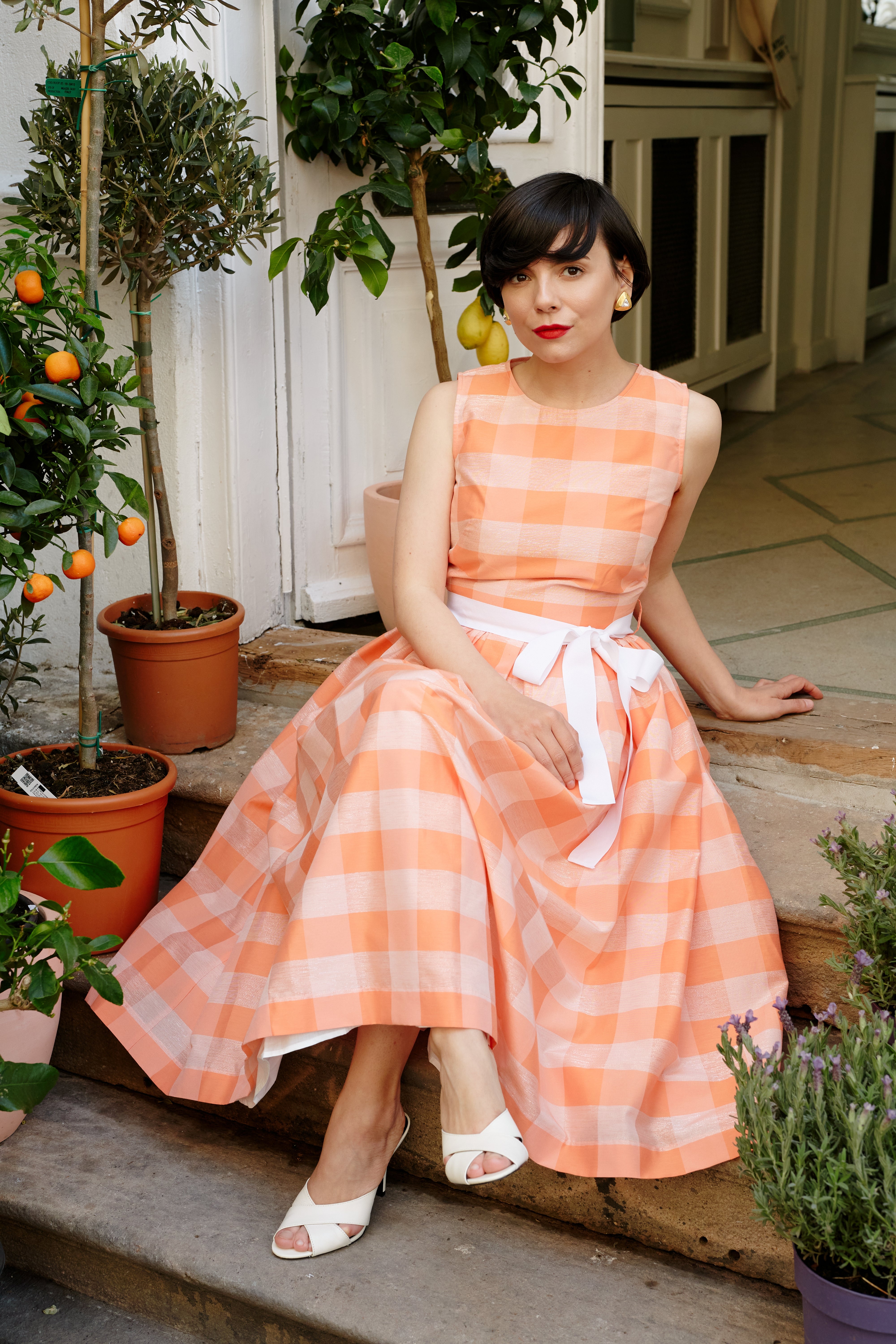 Light blue checked cotton midi dress with white cuffs and collar