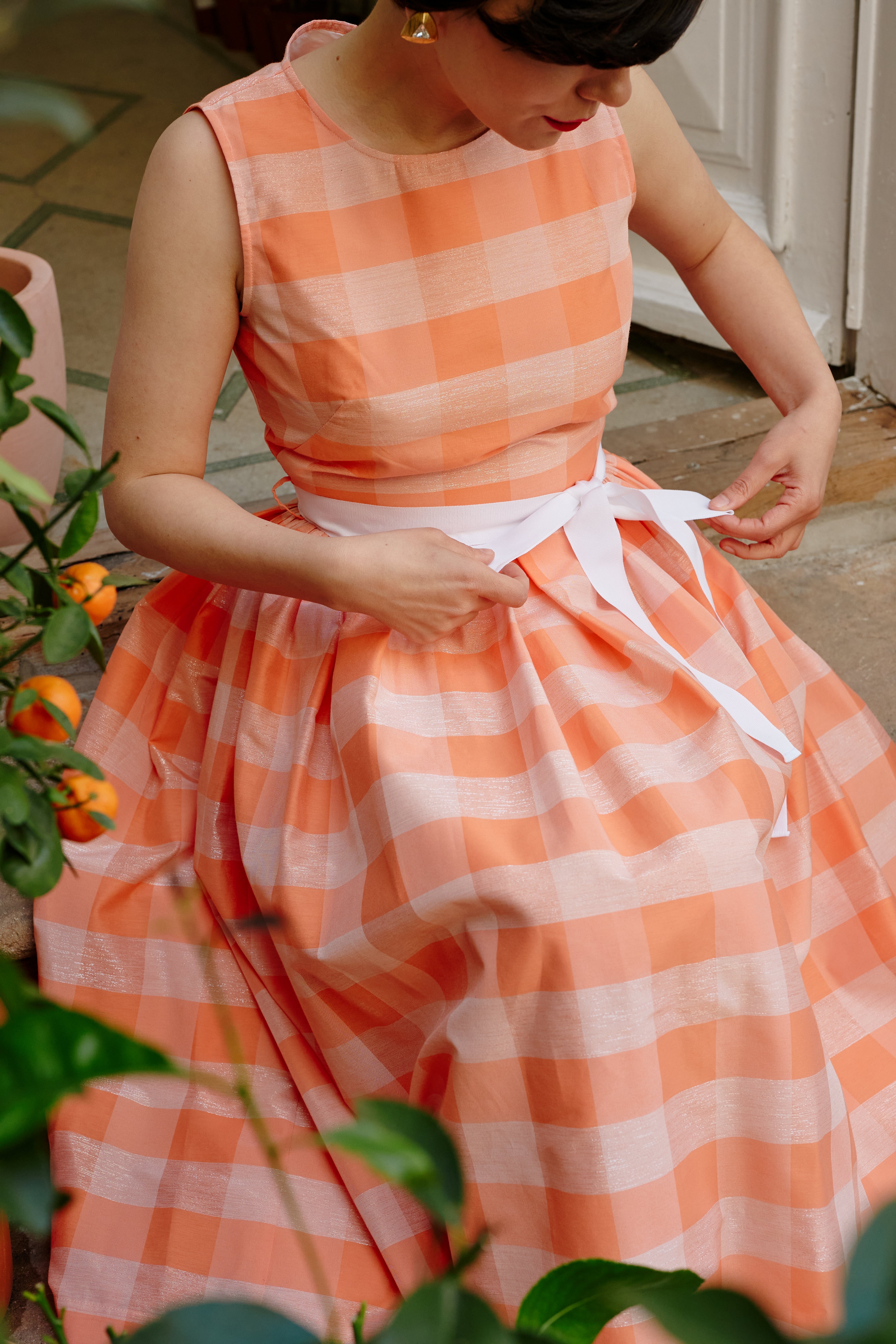 Light blue checked cotton midi dress with white cuffs and collar