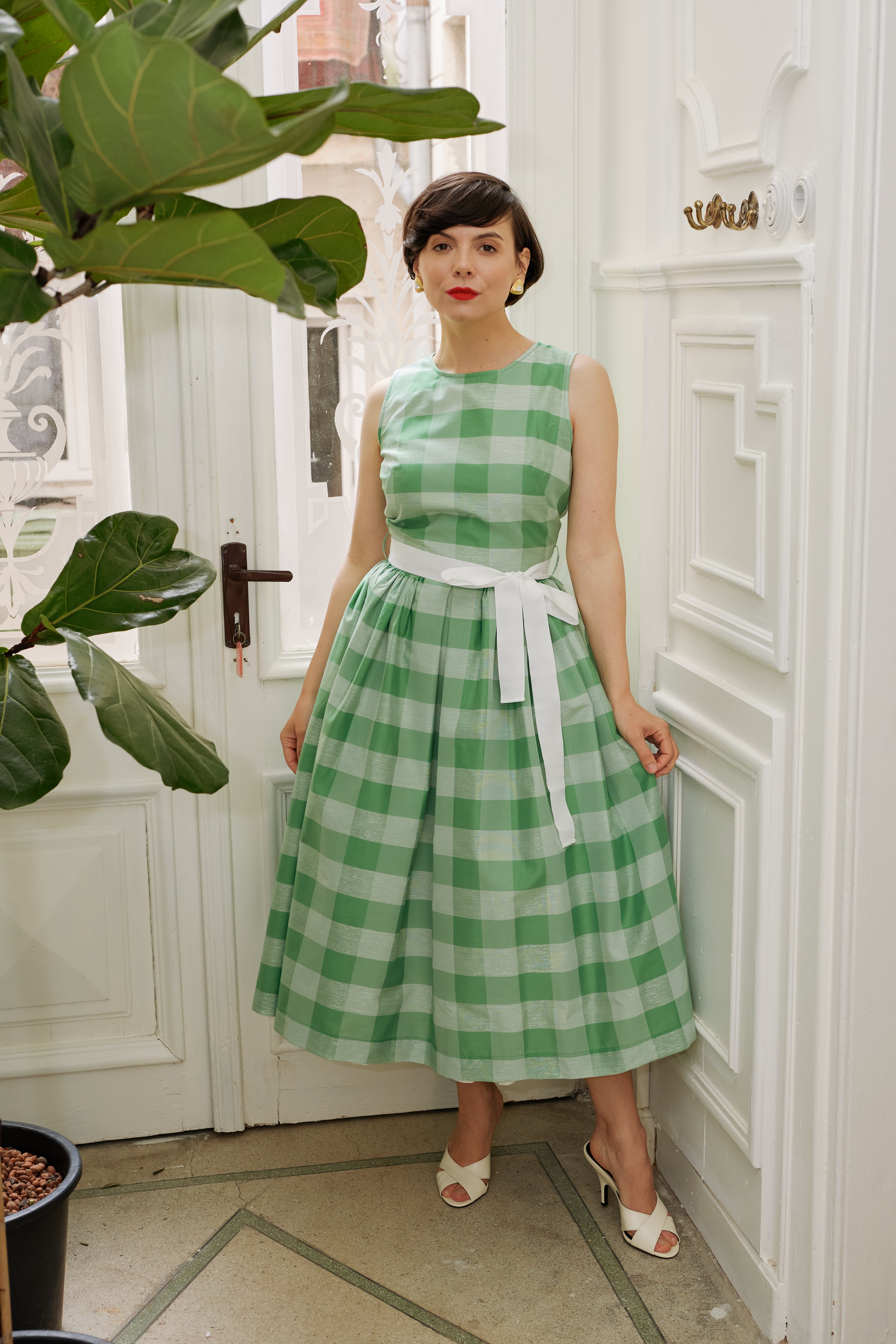 Rochie Midi in Carouri Mari, Verde