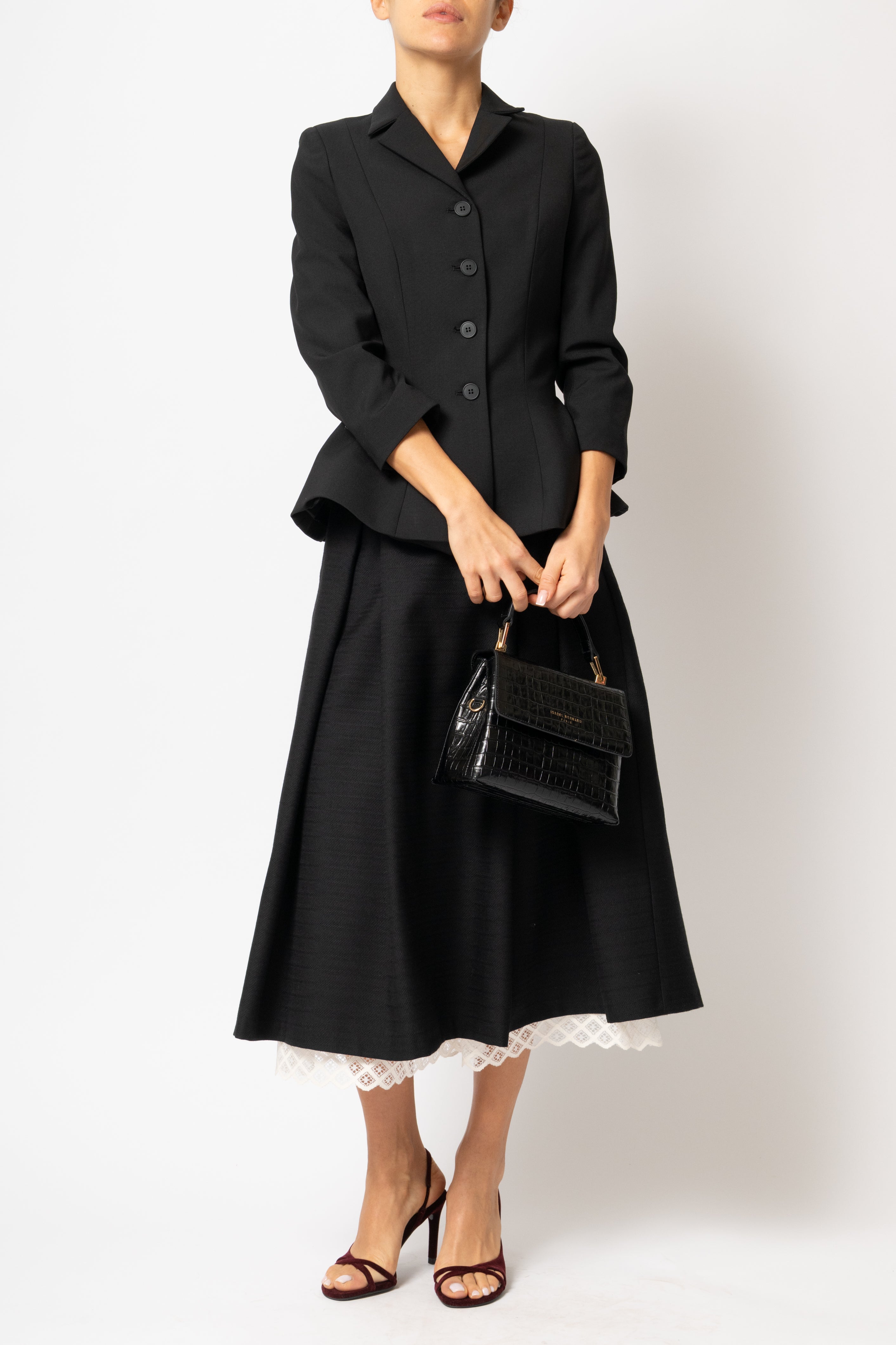 Fusta Midi Ampla, cu Dantela, din Lana Neagra