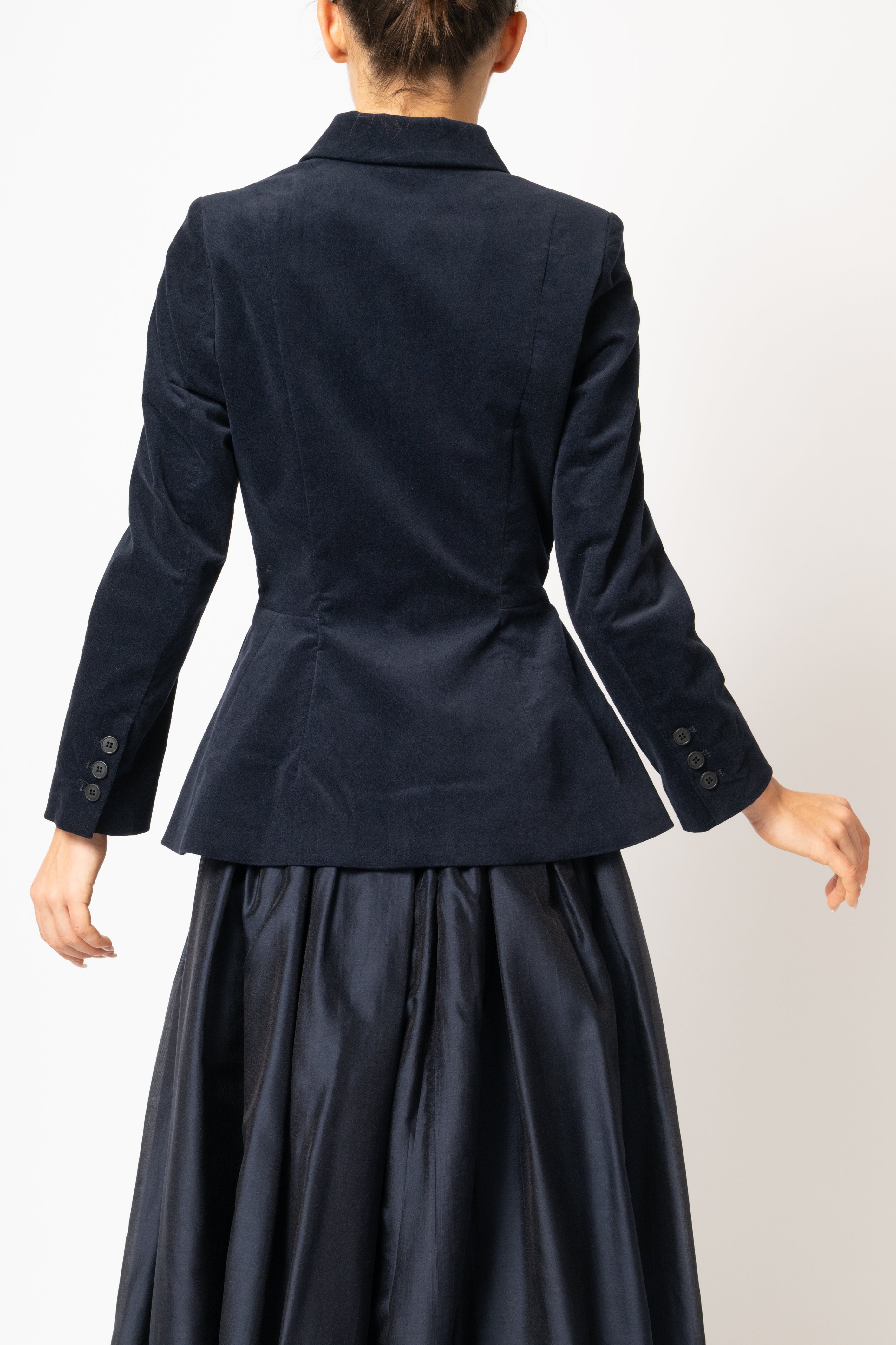Navy blue cotton velvet jacket with peplum and low shoulders