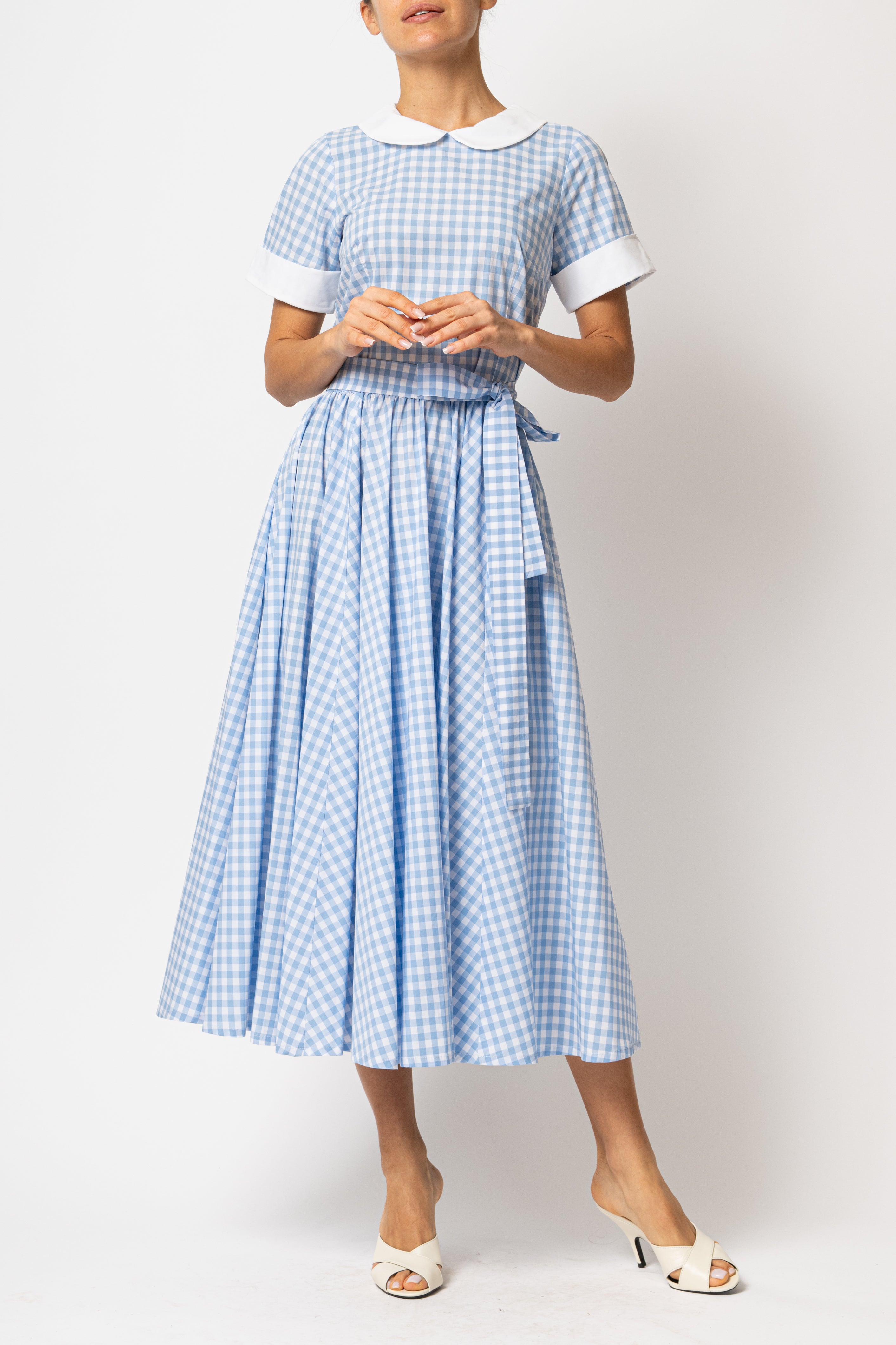 Rochie Midi in Carouri Bleu cu Guler si Mansete Albe, din Bumbac