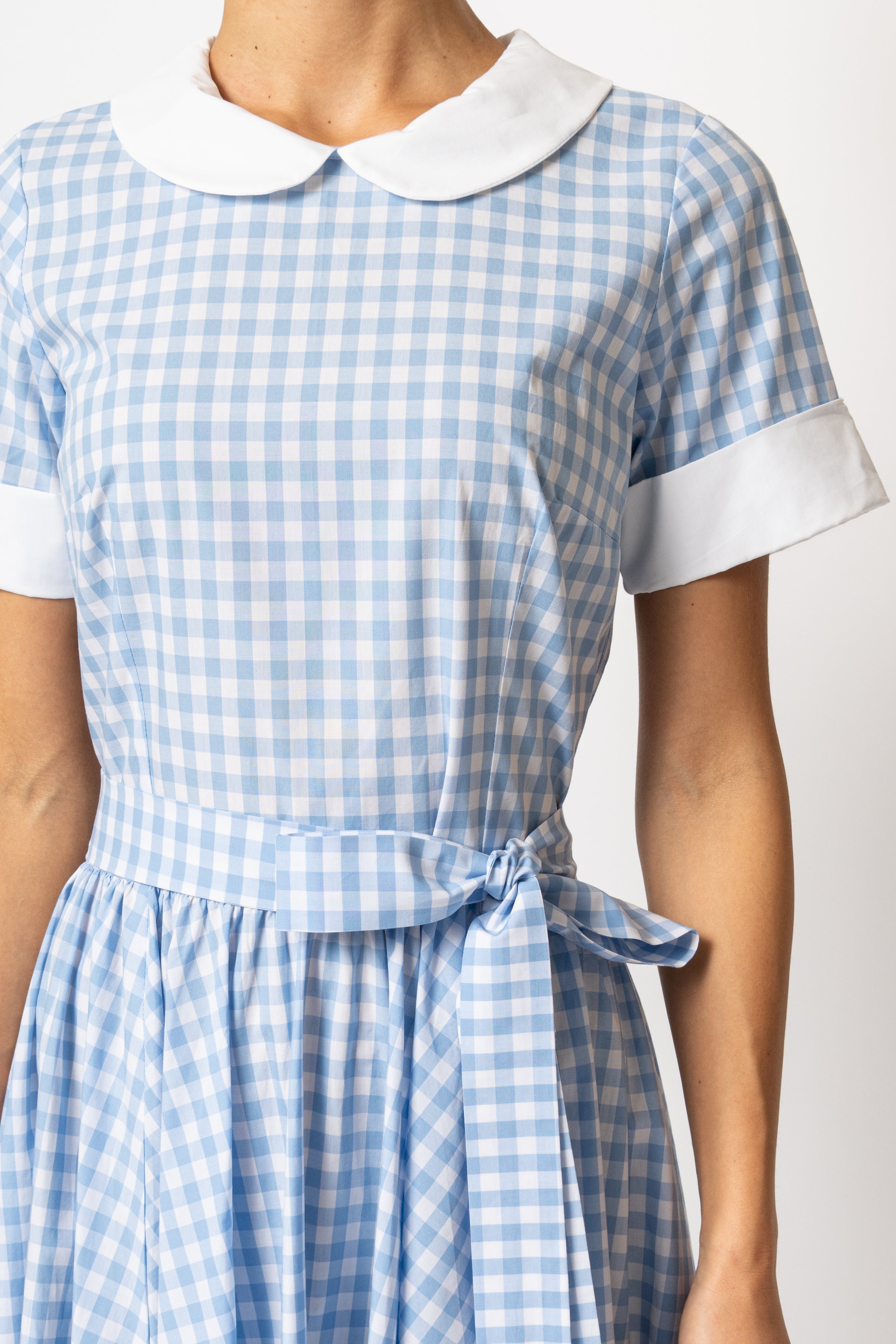 Rochie Midi in Carouri Bleu cu Guler si Mansete Albe, din Bumbac