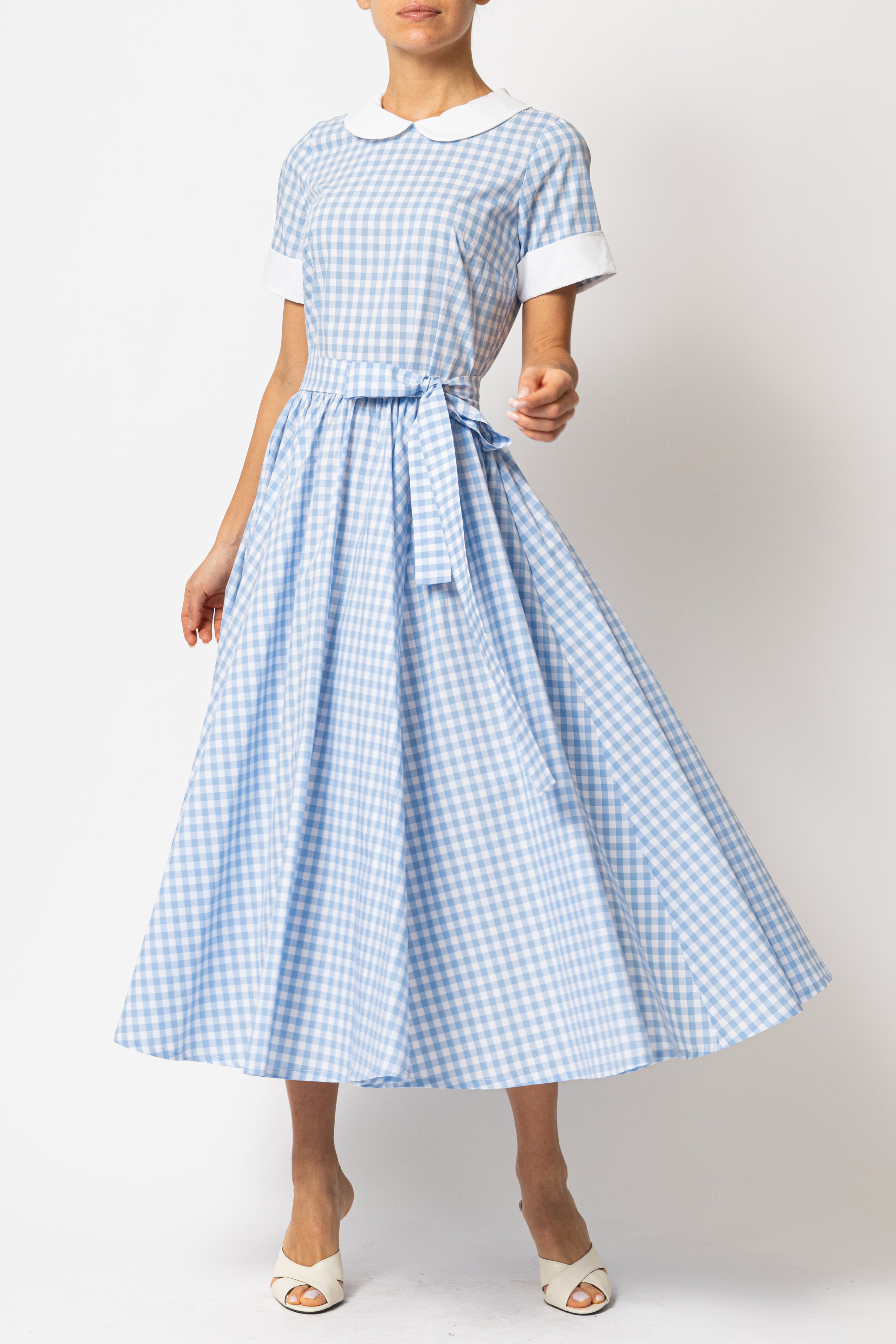 Rochie Midi in Carouri Bleu cu Guler si Mansete Albe, din Bumbac