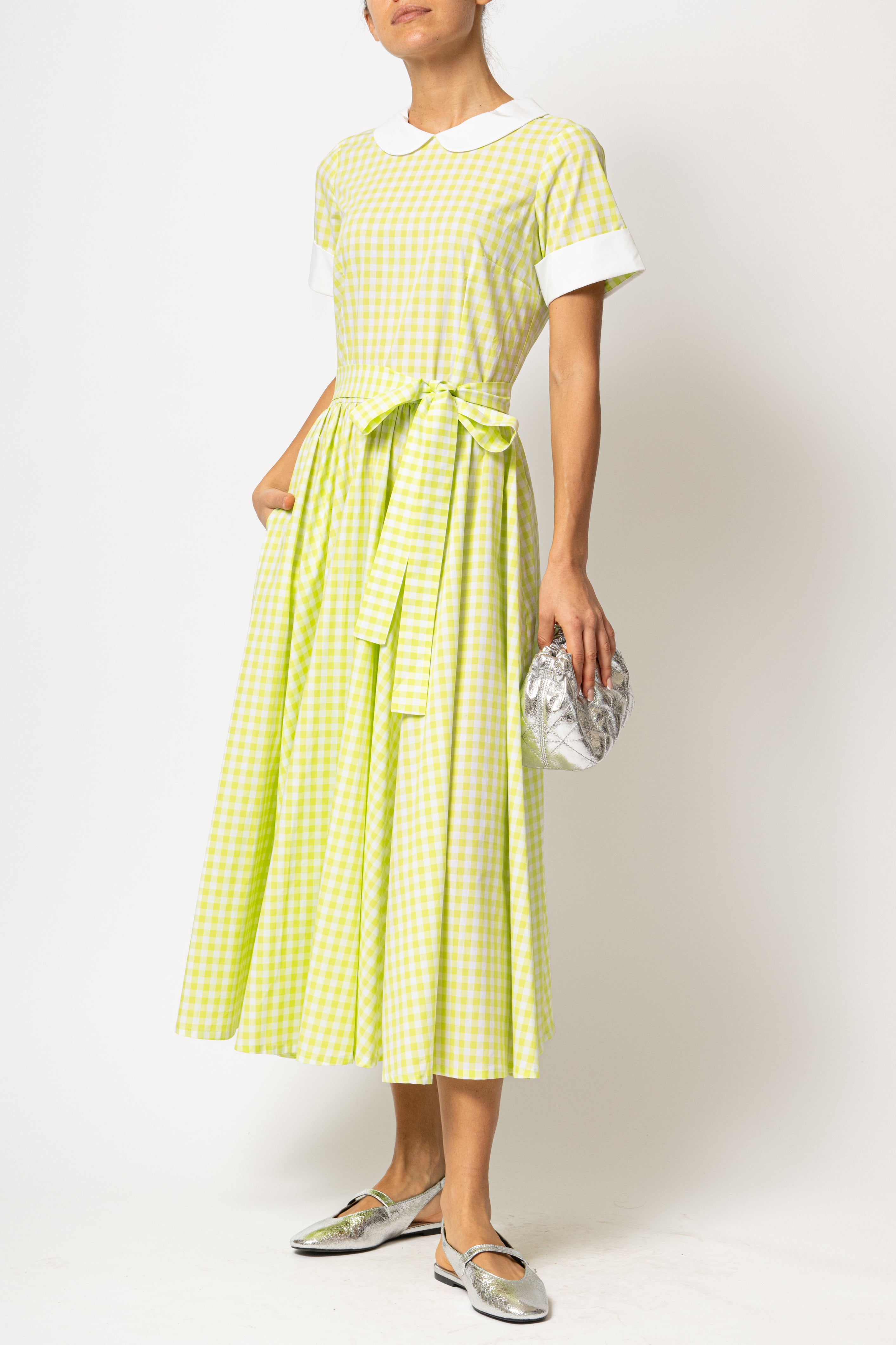 Rochie Midi in Carouri Verzi cu Guler si Mansete Albe, din Bumbac