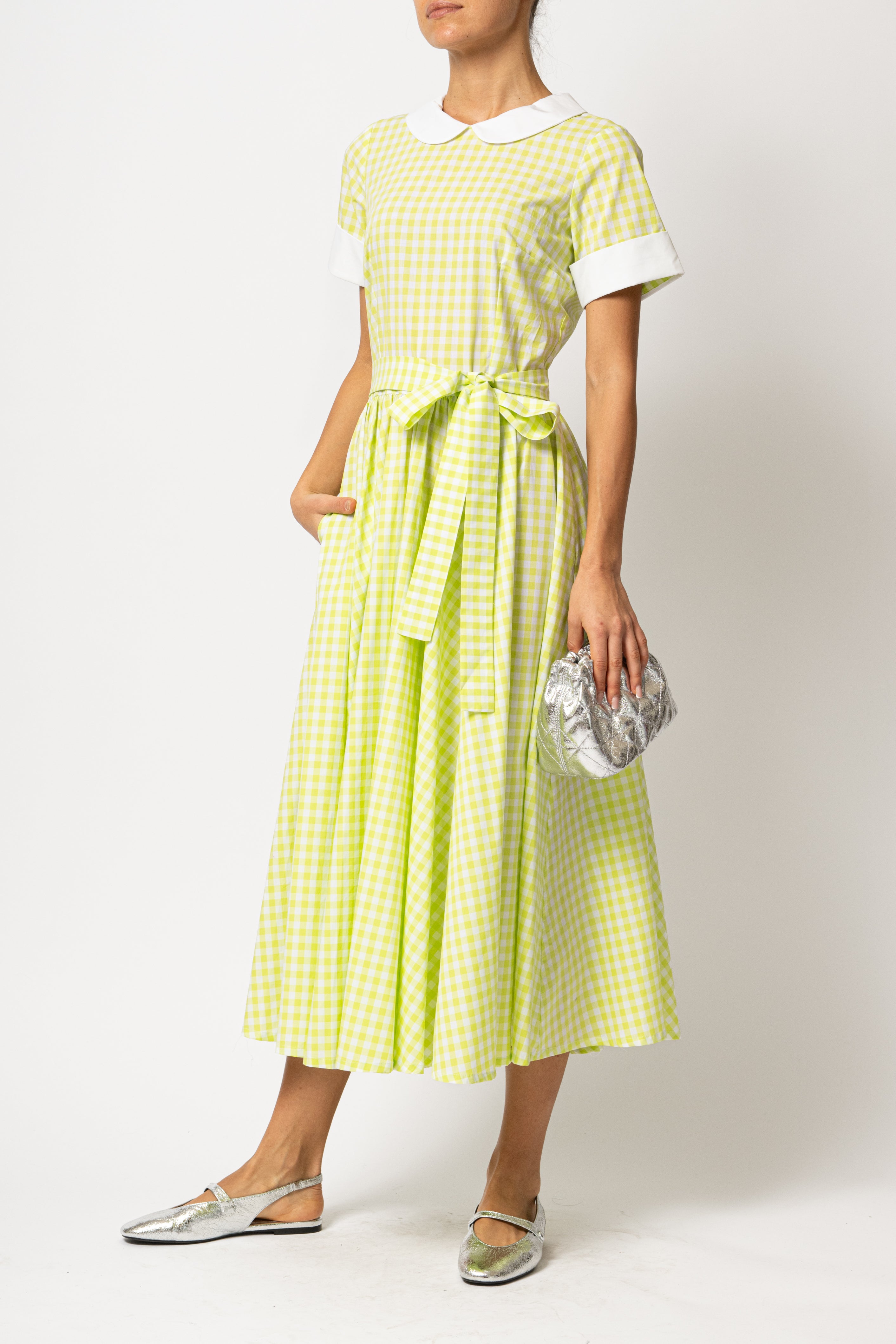 Rochie Midi in Carouri Verzi cu Guler si Mansete Albe, din Bumbac
