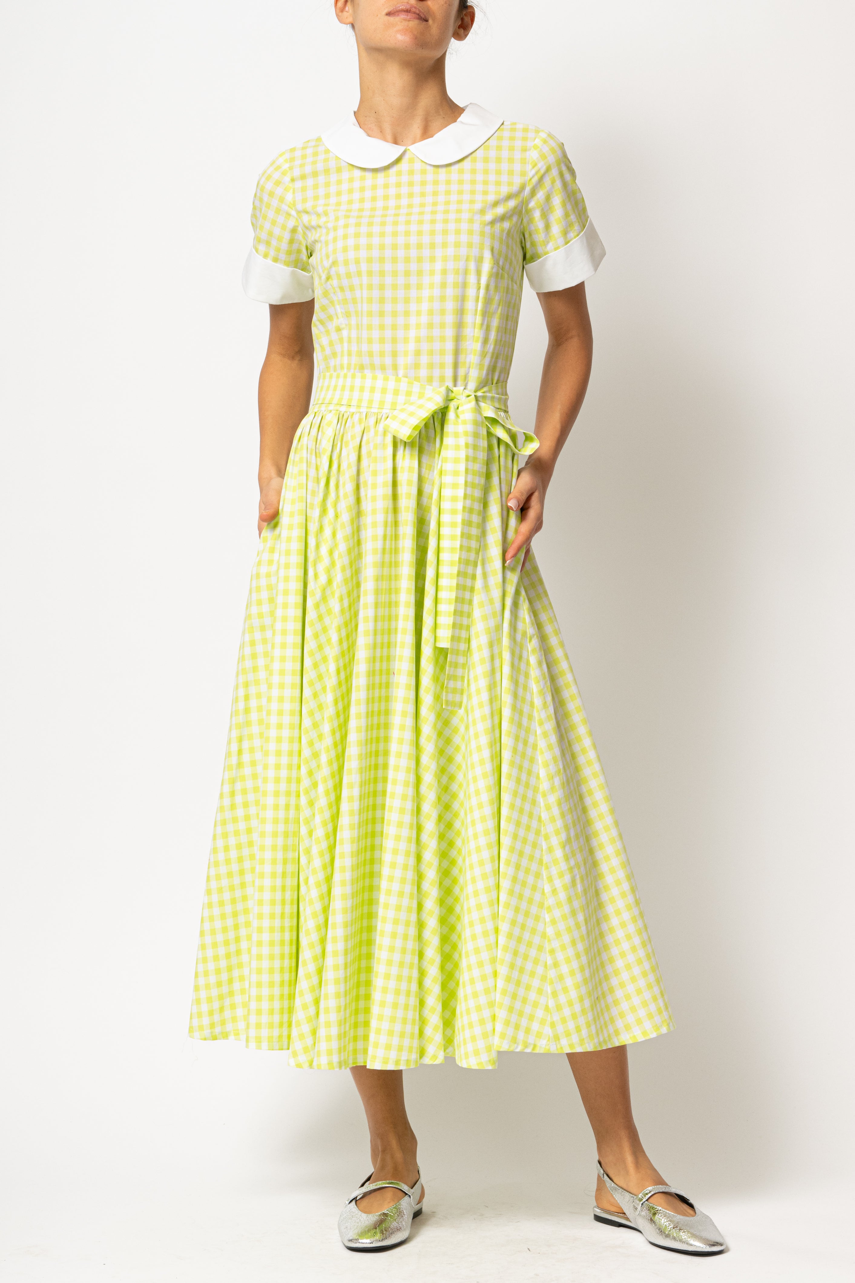 Rochie Midi in Carouri Verzi cu Guler si Mansete Albe, din Bumbac