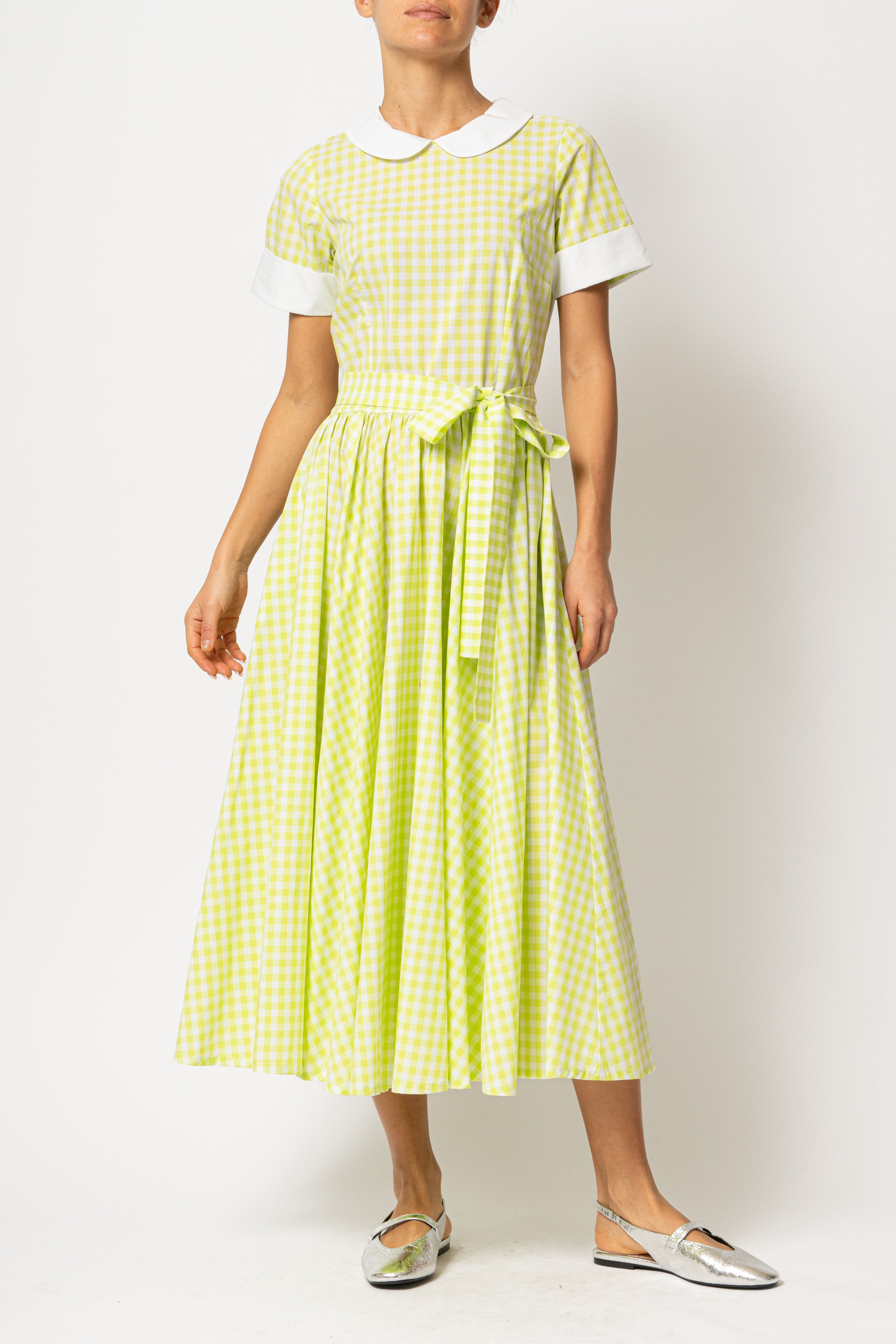 Rochie Midi in Carouri Verzi cu Guler si Mansete Albe, din Bumbac