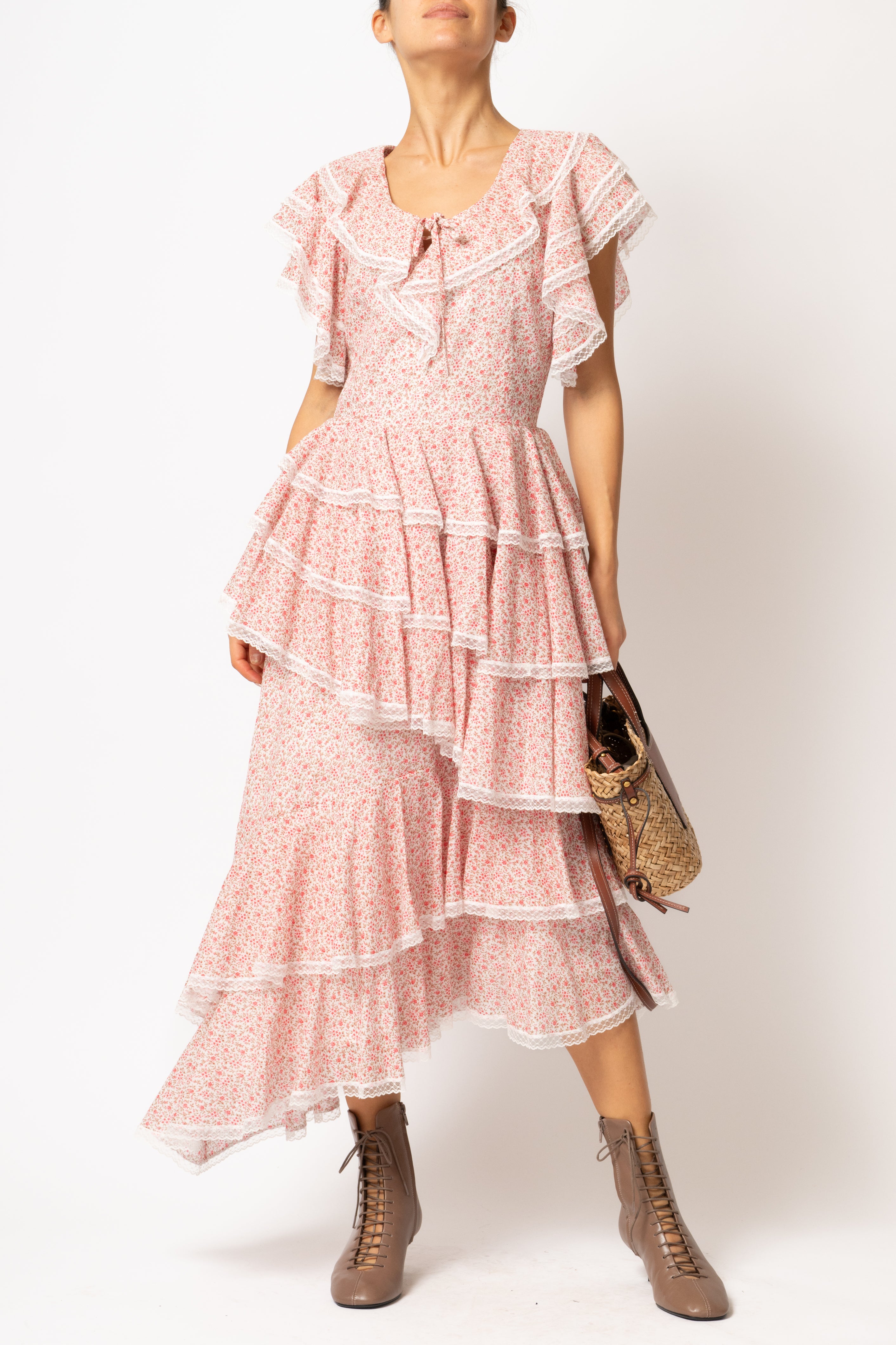 Rochie Asimetrica cu Volane, din Bumbac Roz