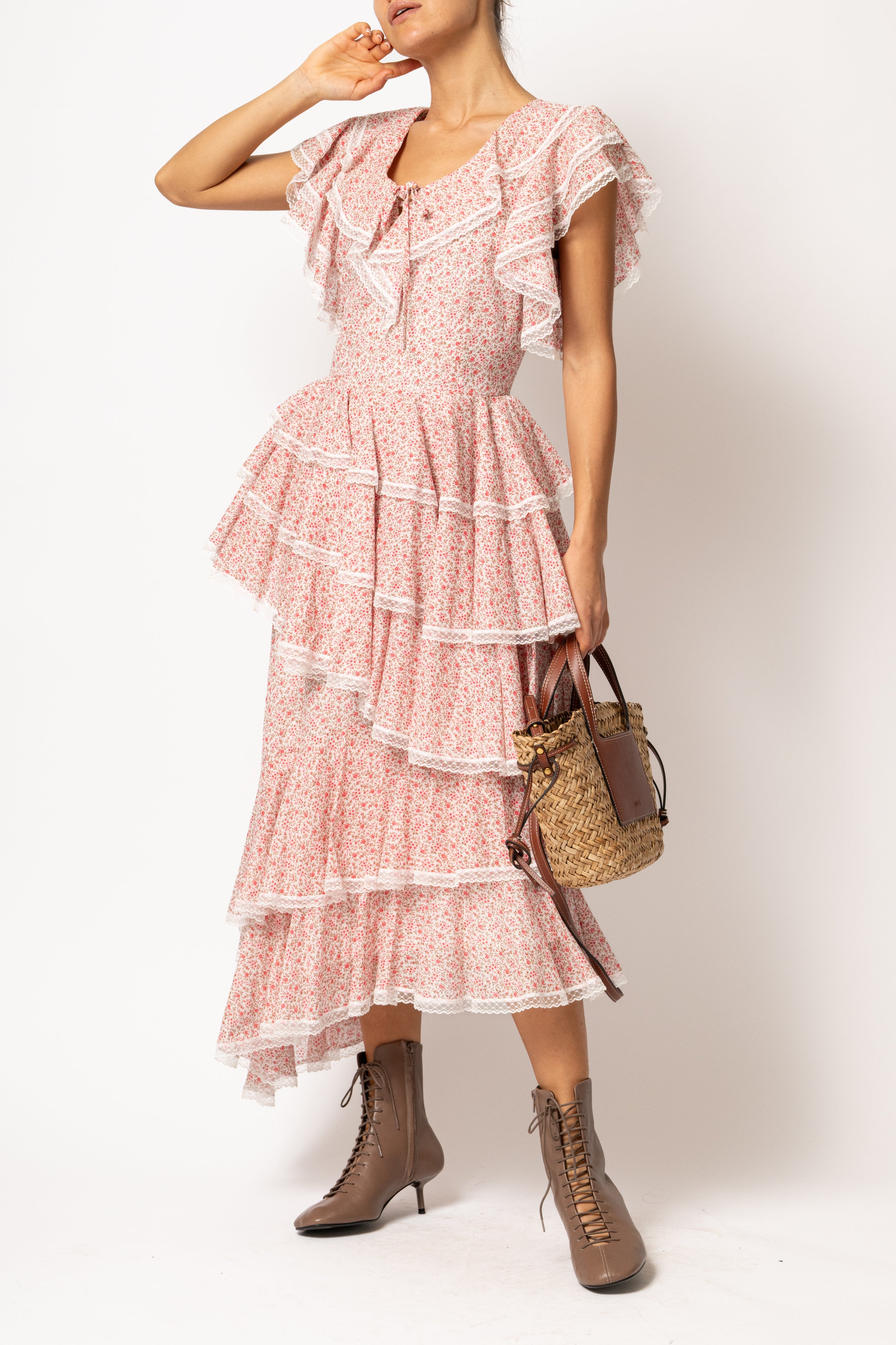 Rochie Asimetrica cu Volane, din Bumbac Roz