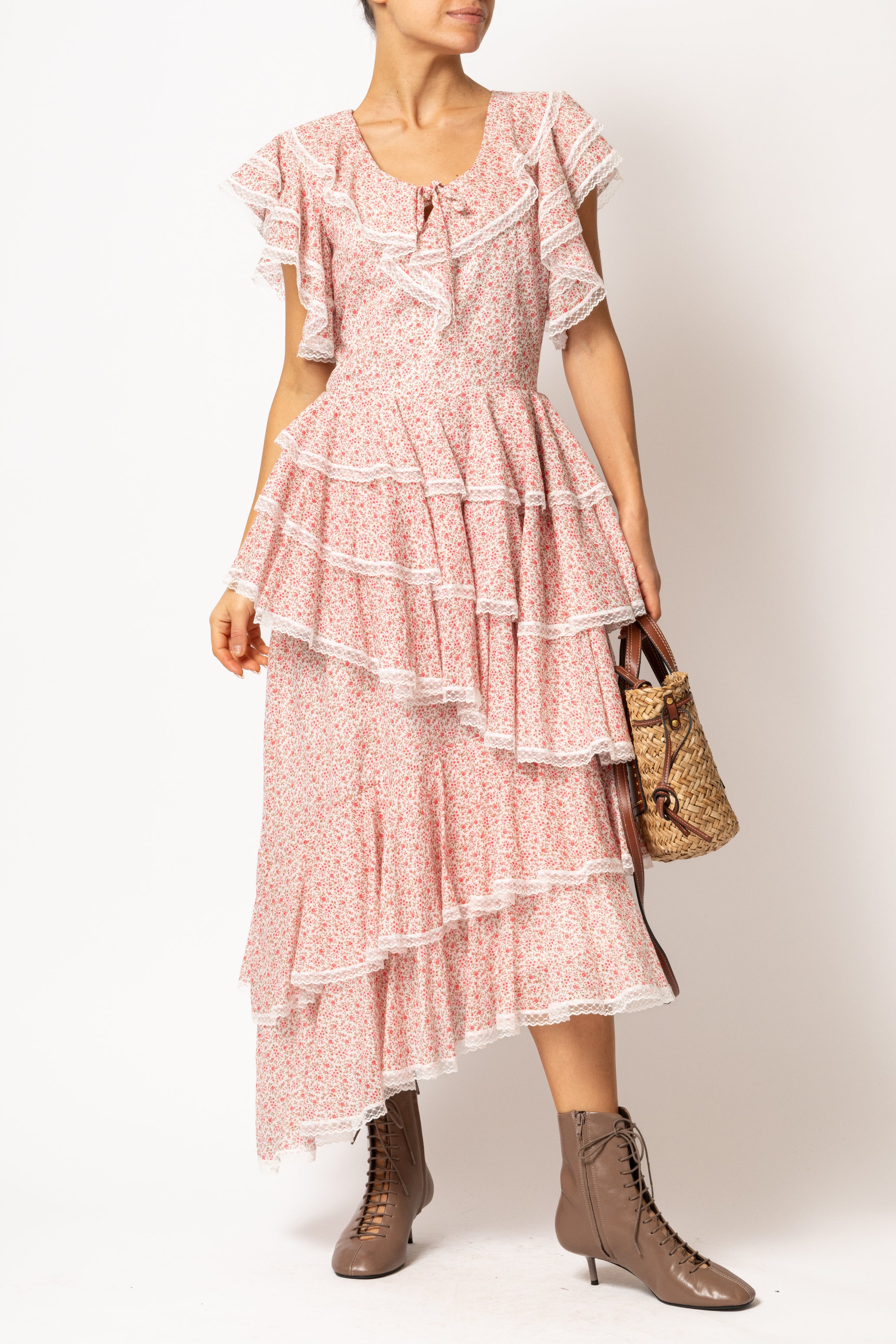 Rochie Asimetrica cu Volane, din Bumbac Roz