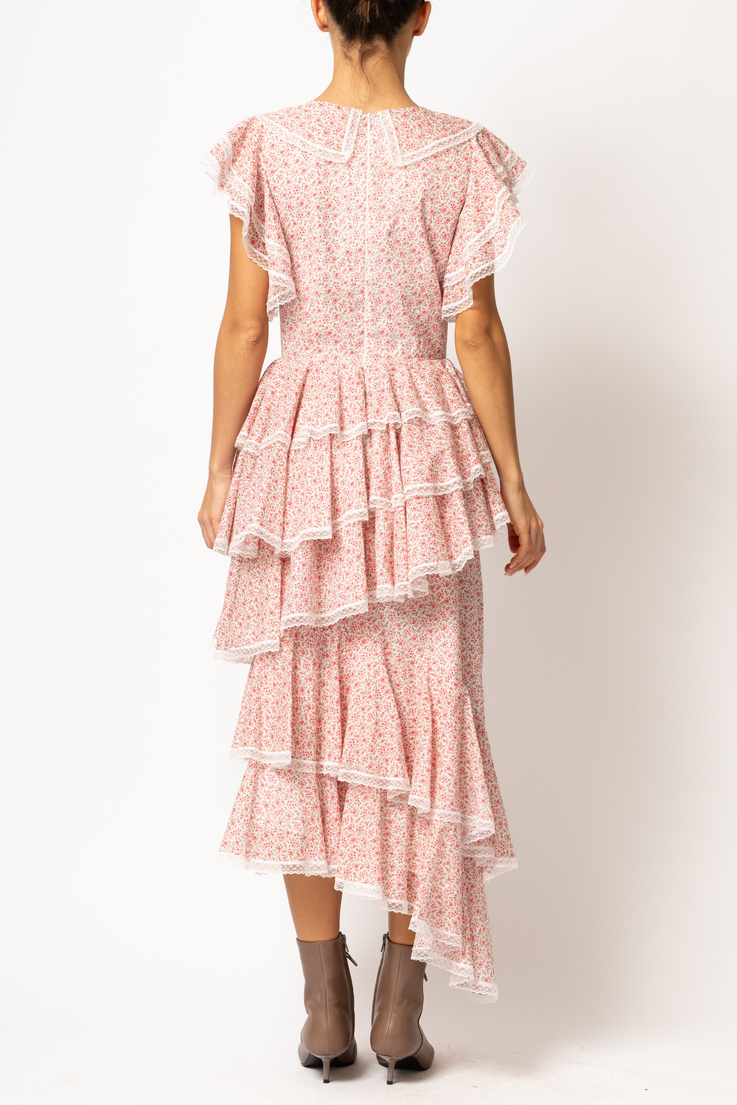 Rochie Asimetrica cu Volane, din Bumbac Roz
