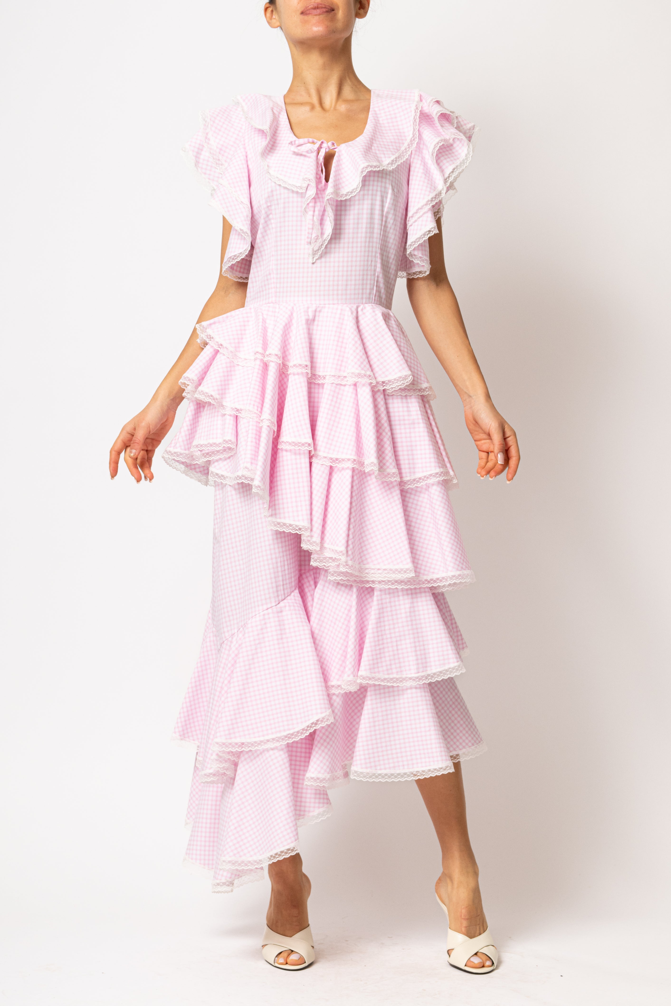 Rochie Asimetrica cu Volane, din Bumbac in Carouri Roz