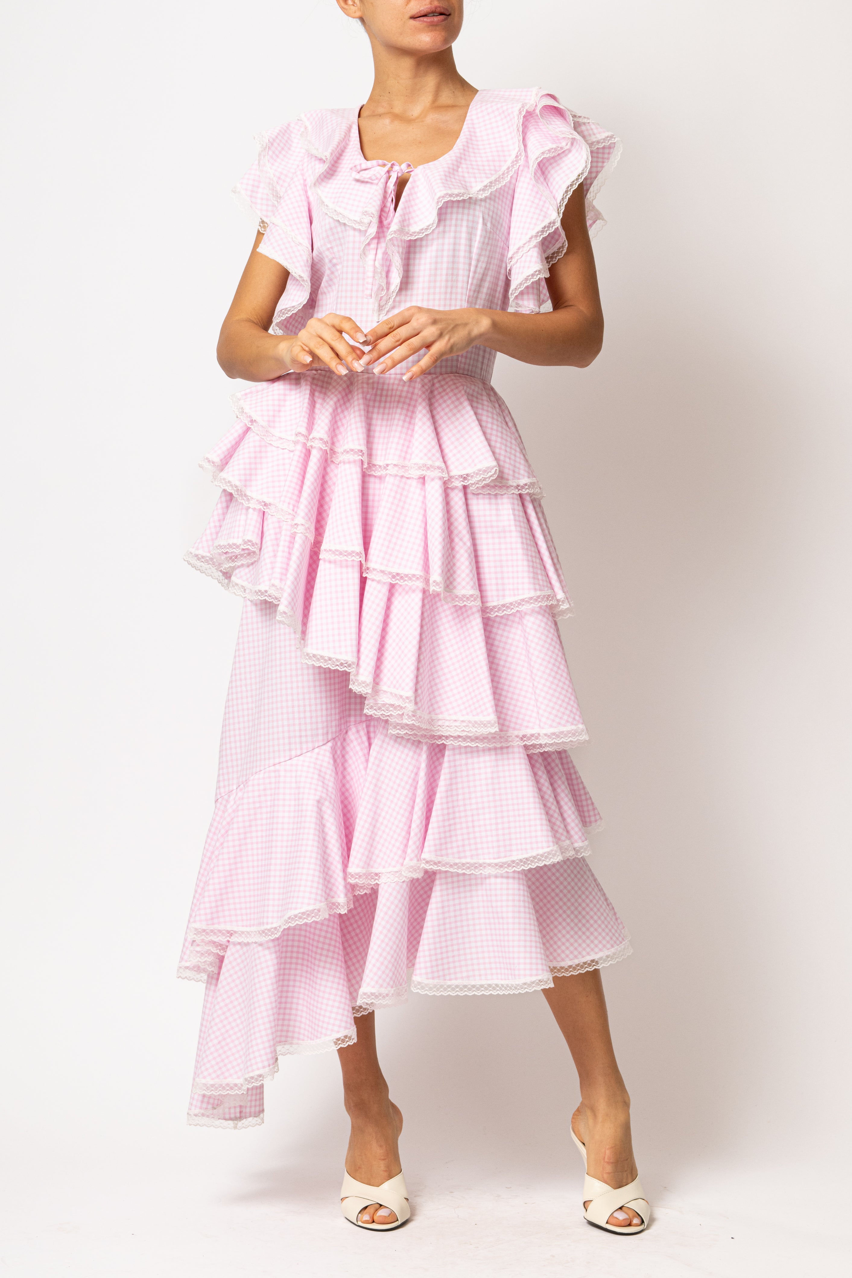 Rochie Asimetrica cu Volane, din Bumbac in Carouri Roz