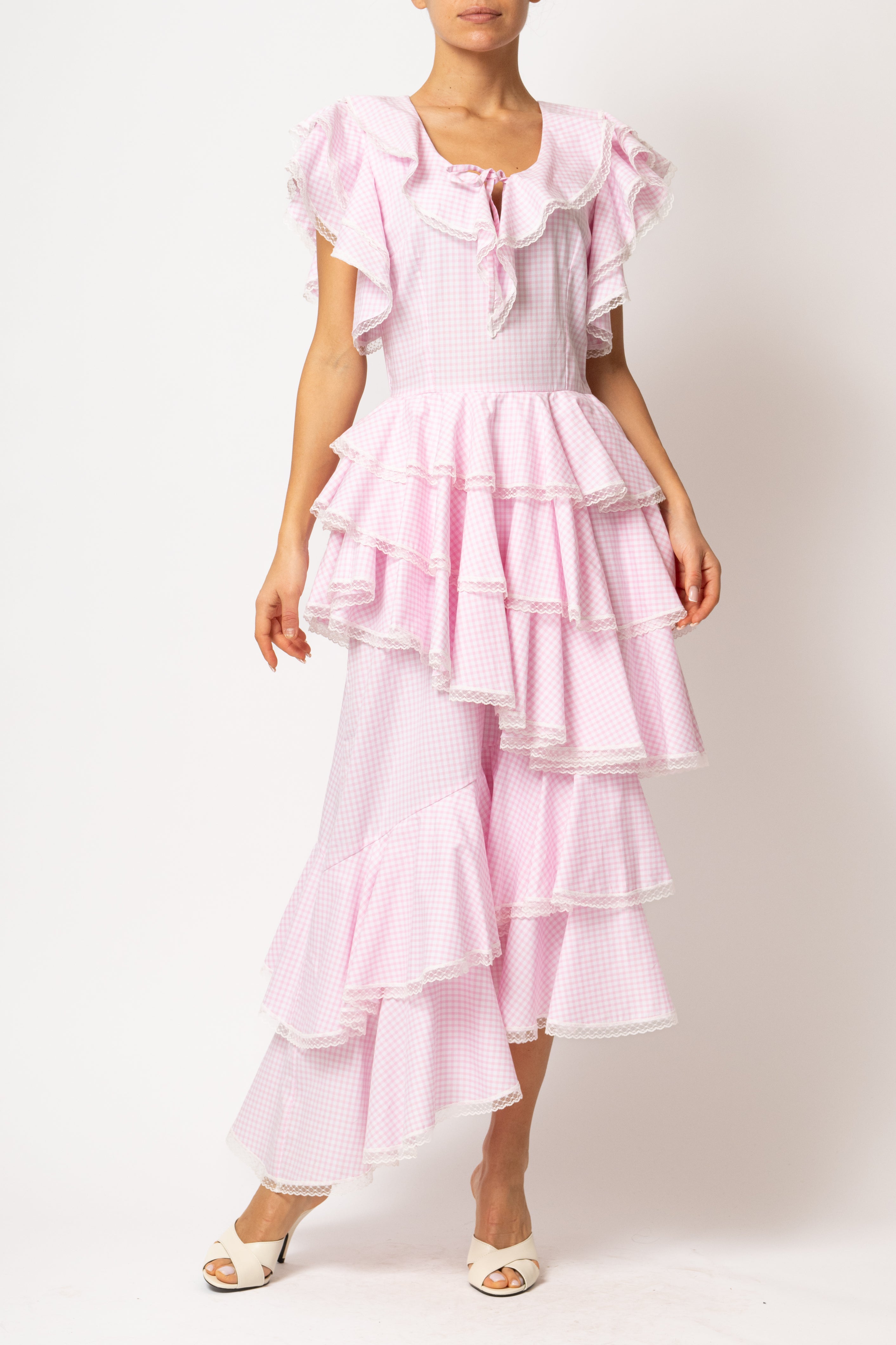 Rochie Asimetrica cu Volane, din Bumbac in Carouri Roz