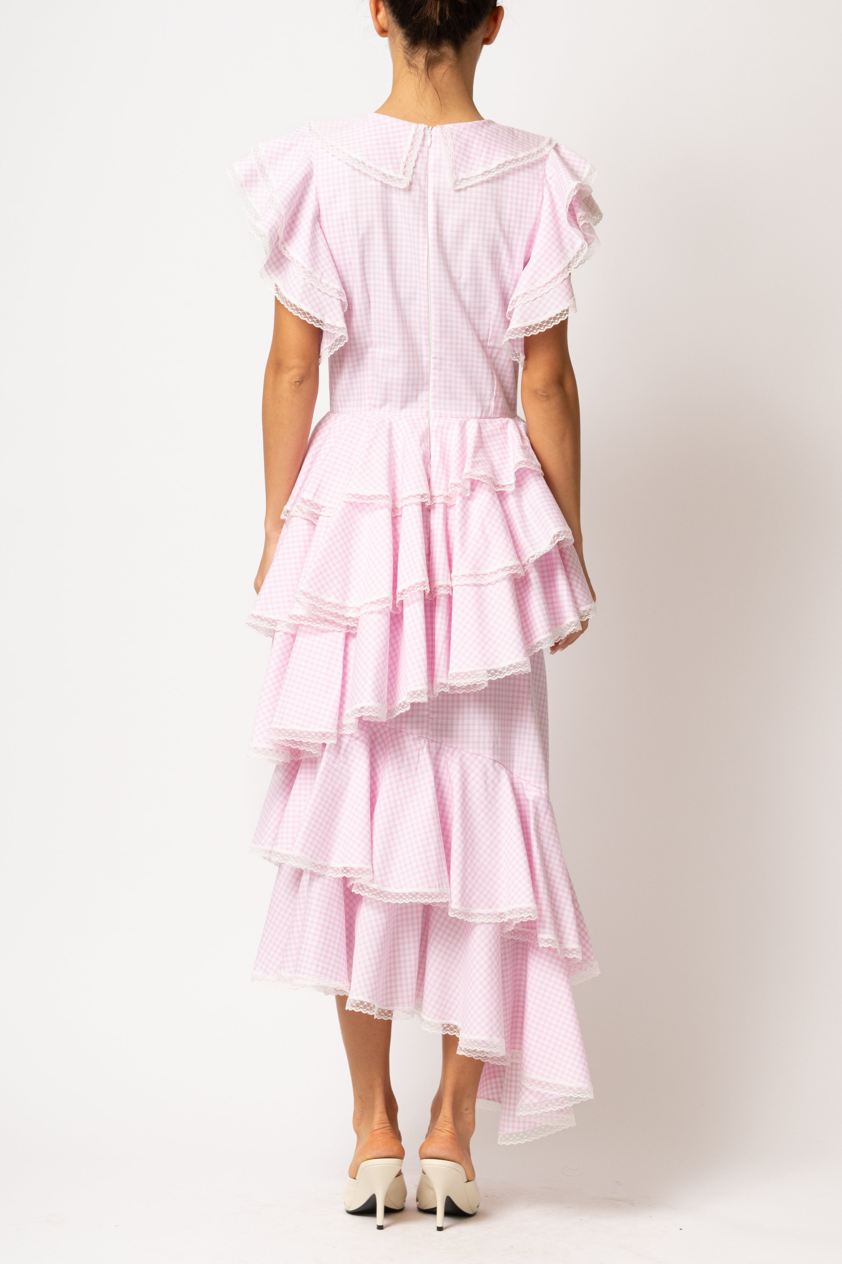 Rochie Asimetrica cu Volane, din Bumbac in Carouri Roz