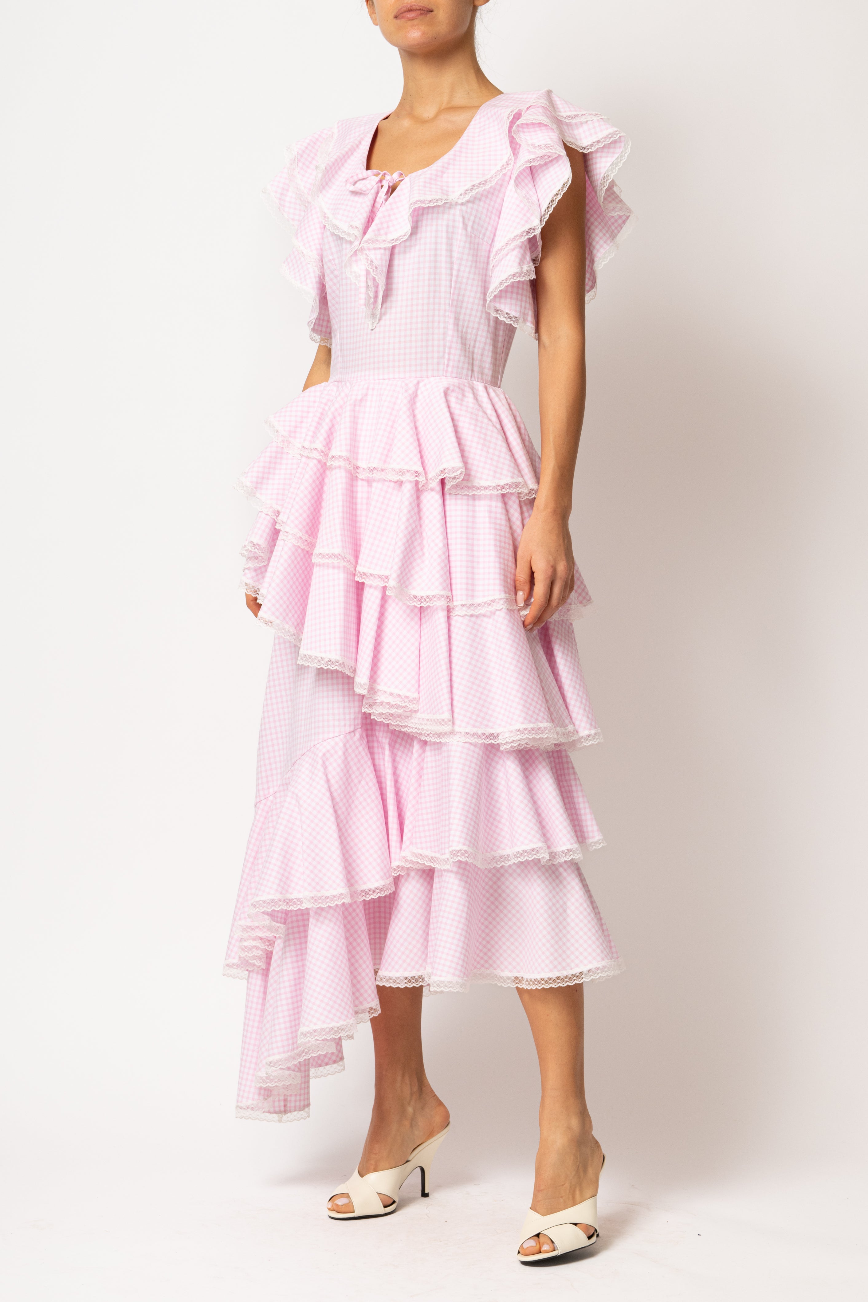 Rochie Asimetrica cu Volane, din Bumbac in Carouri Roz