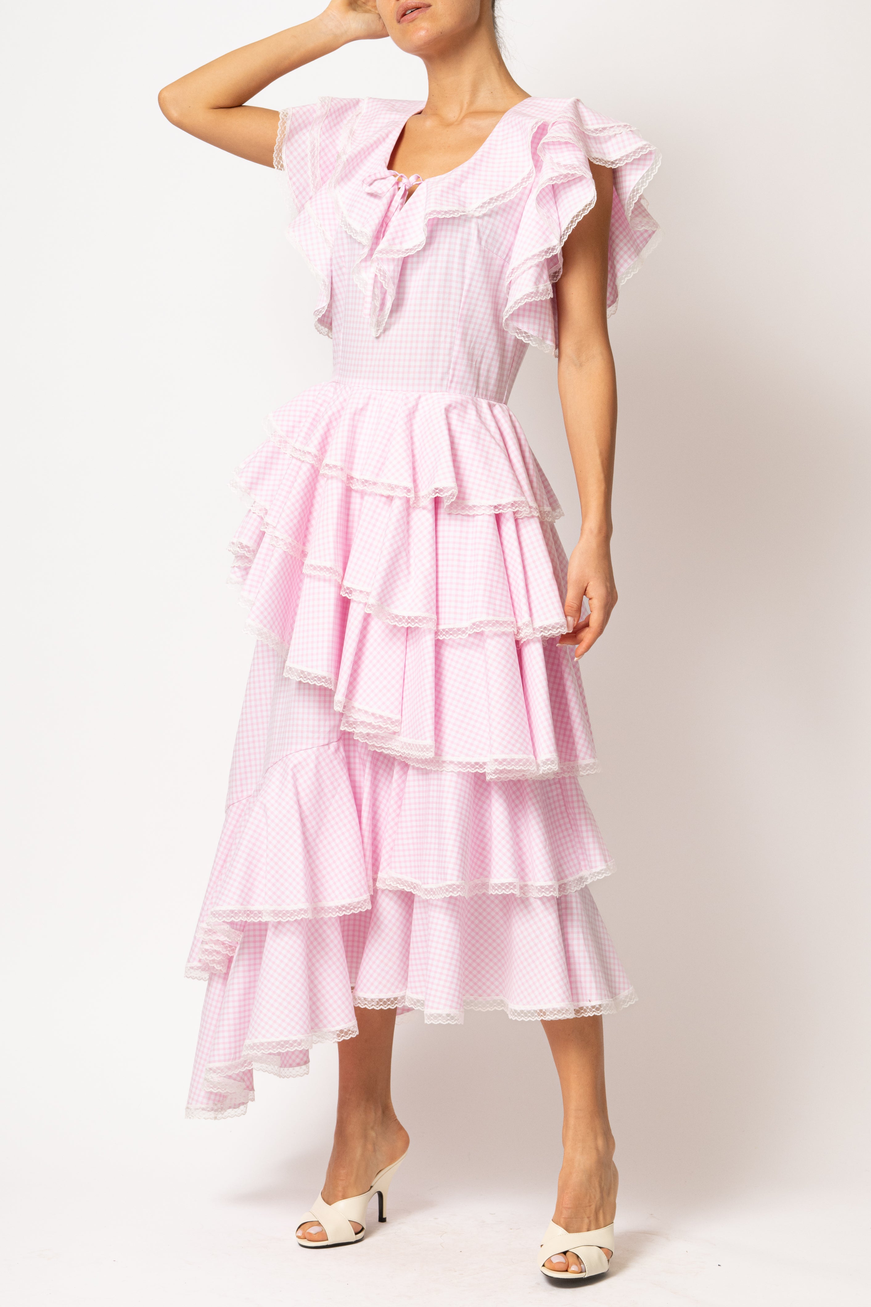 Rochie Asimetrica cu Volane, din Bumbac in Carouri Roz