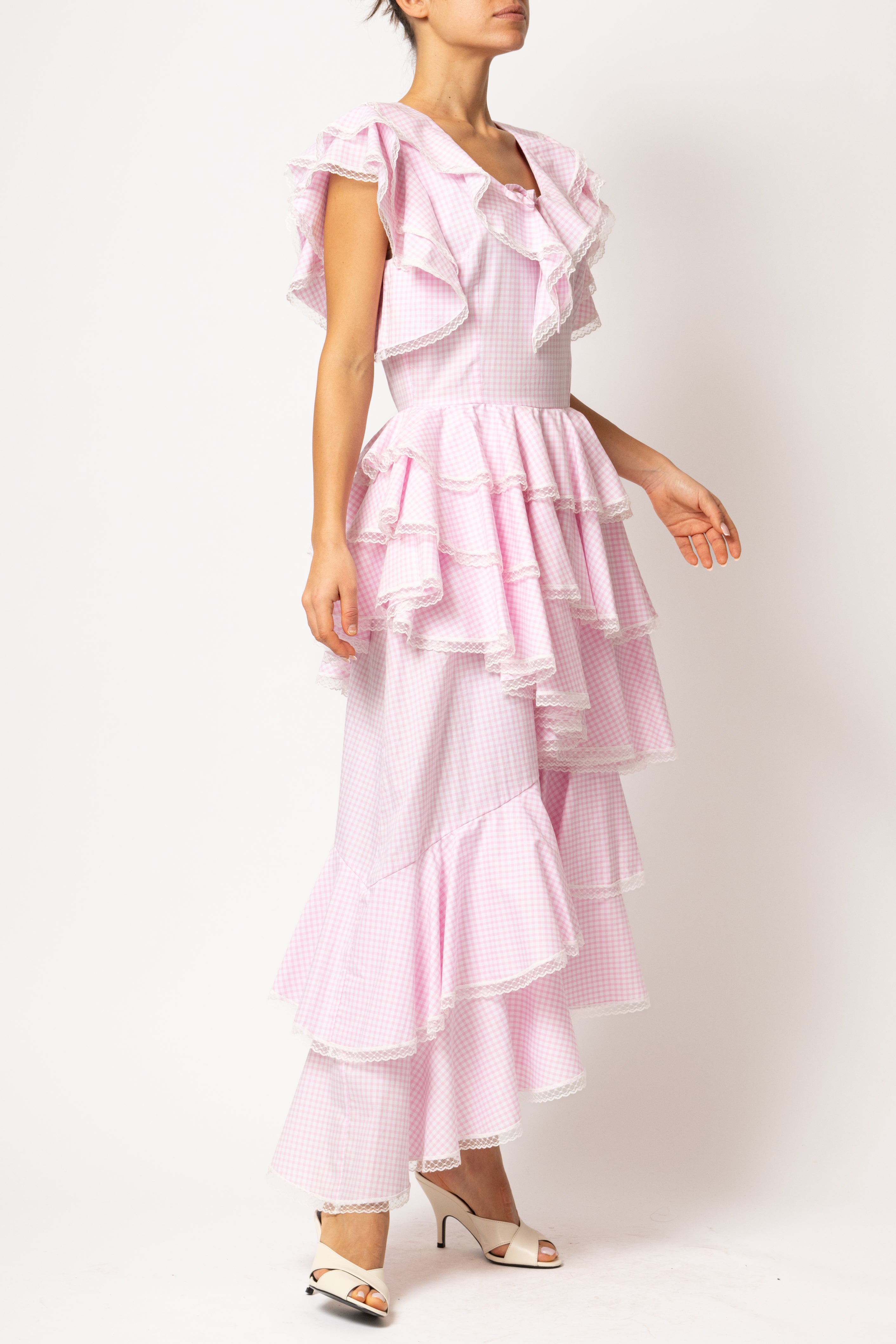 Rochie Asimetrica cu Volane, din Bumbac in Carouri Roz