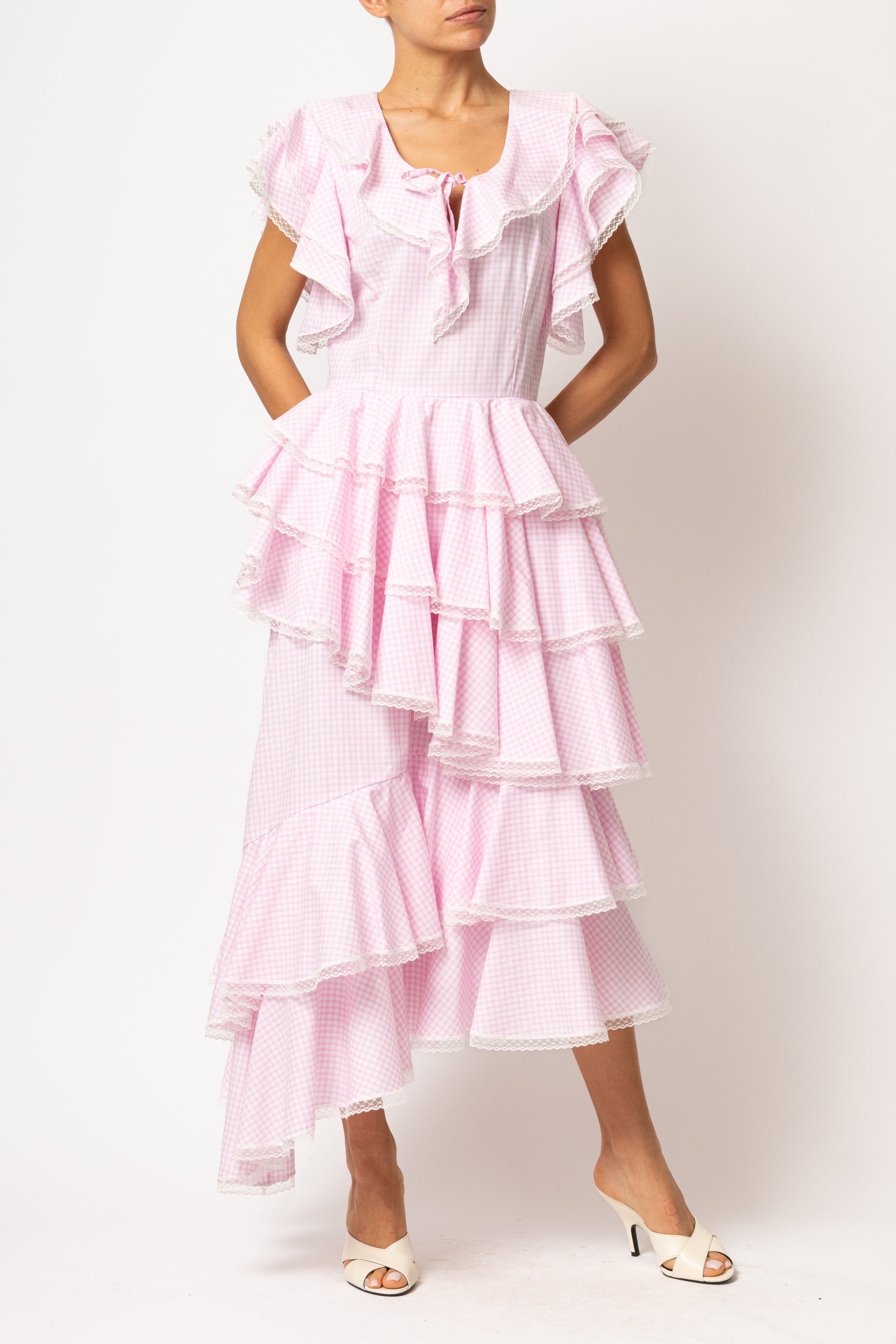 Rochie Asimetrica cu Volane, din Bumbac in Carouri Roz