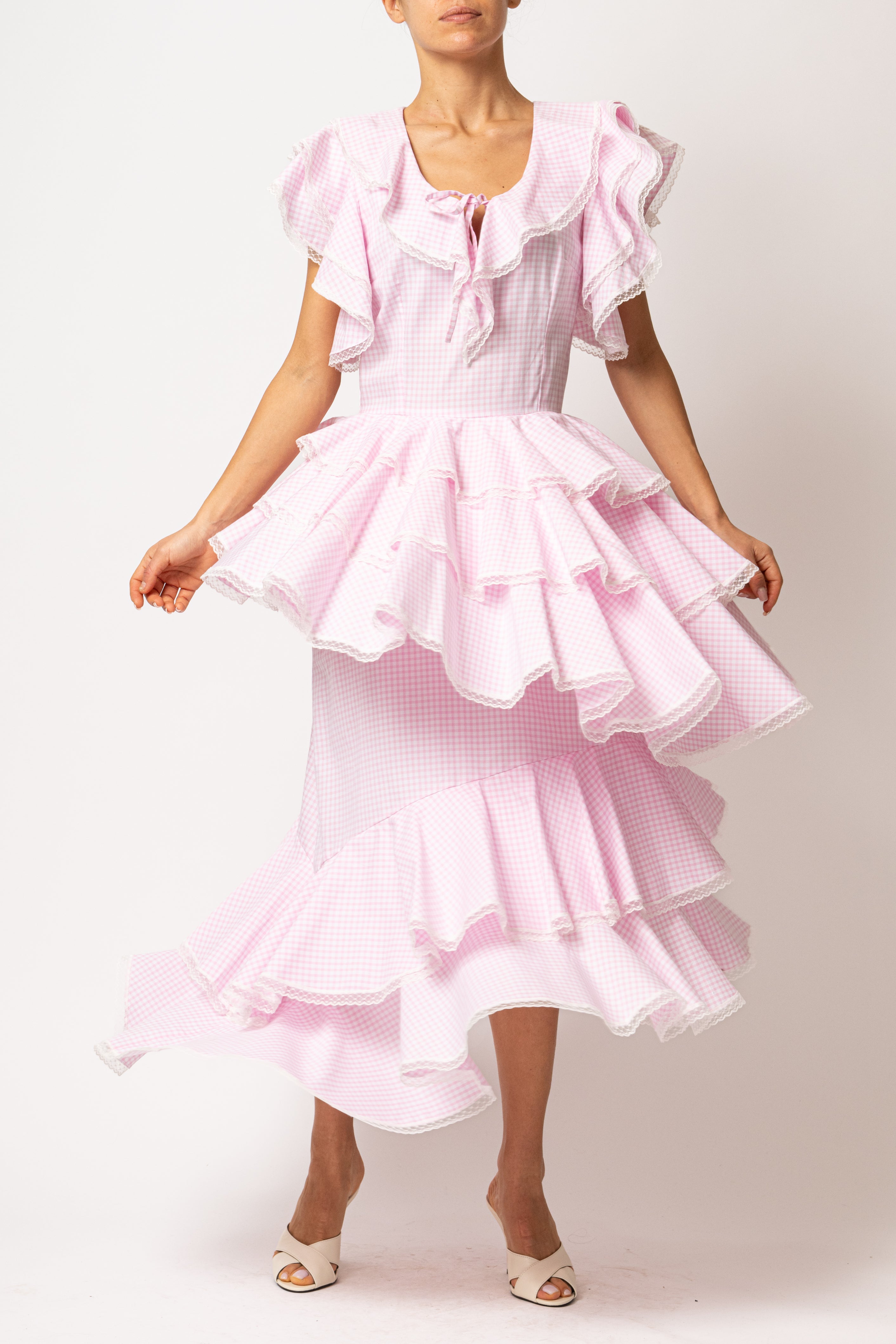 Rochie Asimetrica cu Volane, din Bumbac in Carouri Roz