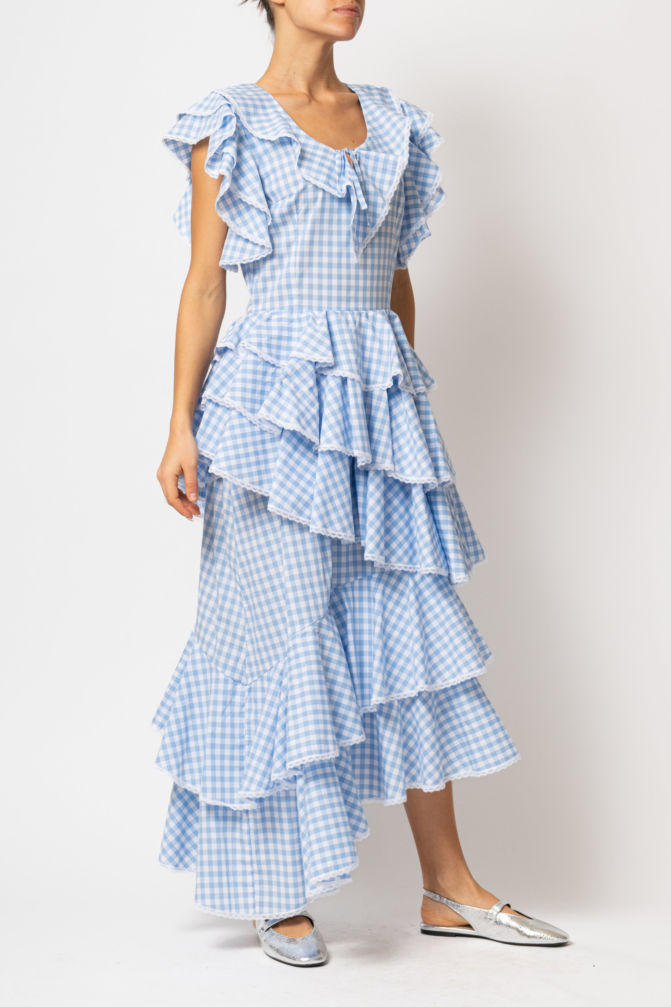 Rochie Asimetrica cu Volane, din Bumbac in Carouri Bleu