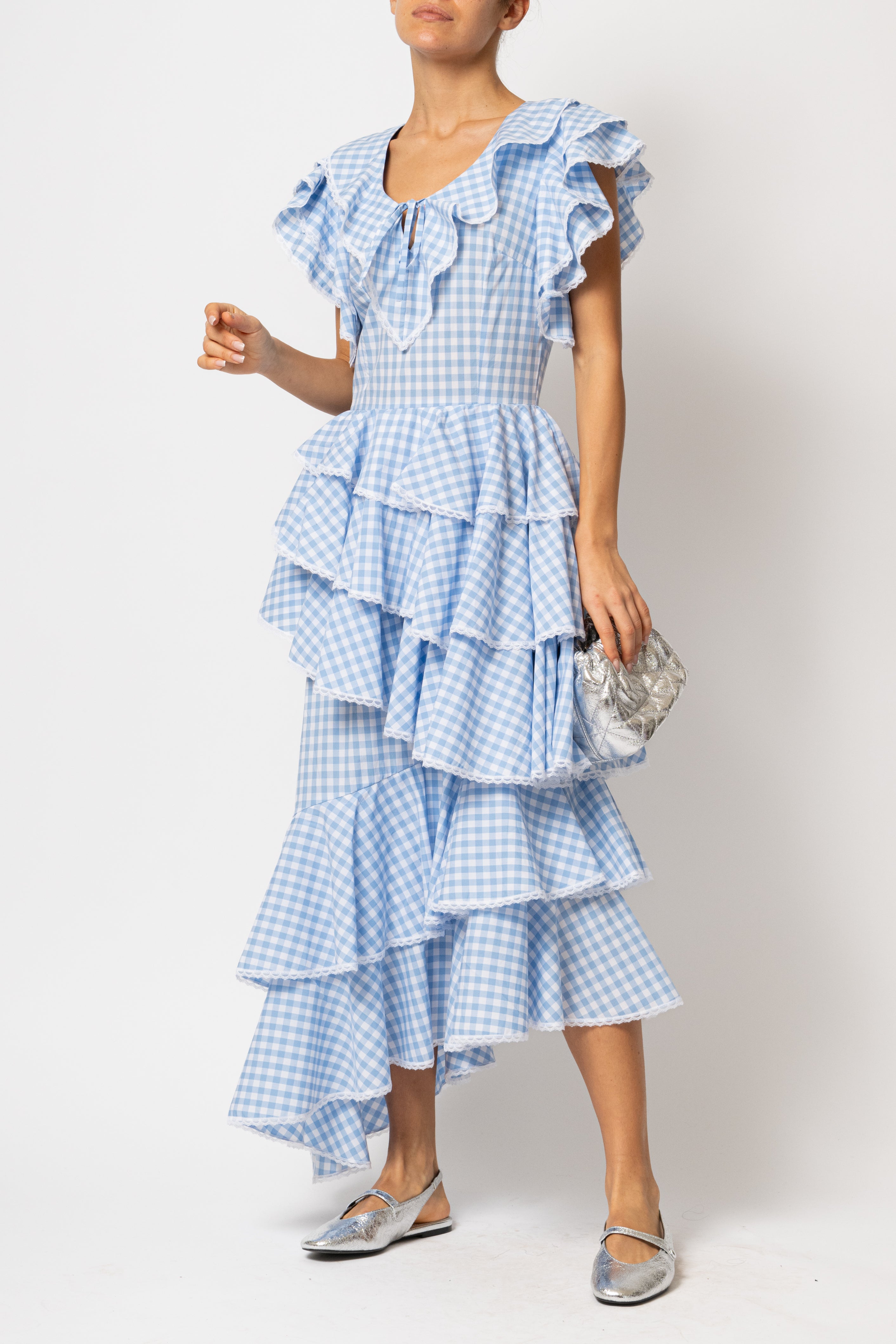 Rochie Asimetrica cu Volane, din Bumbac in Carouri Bleu