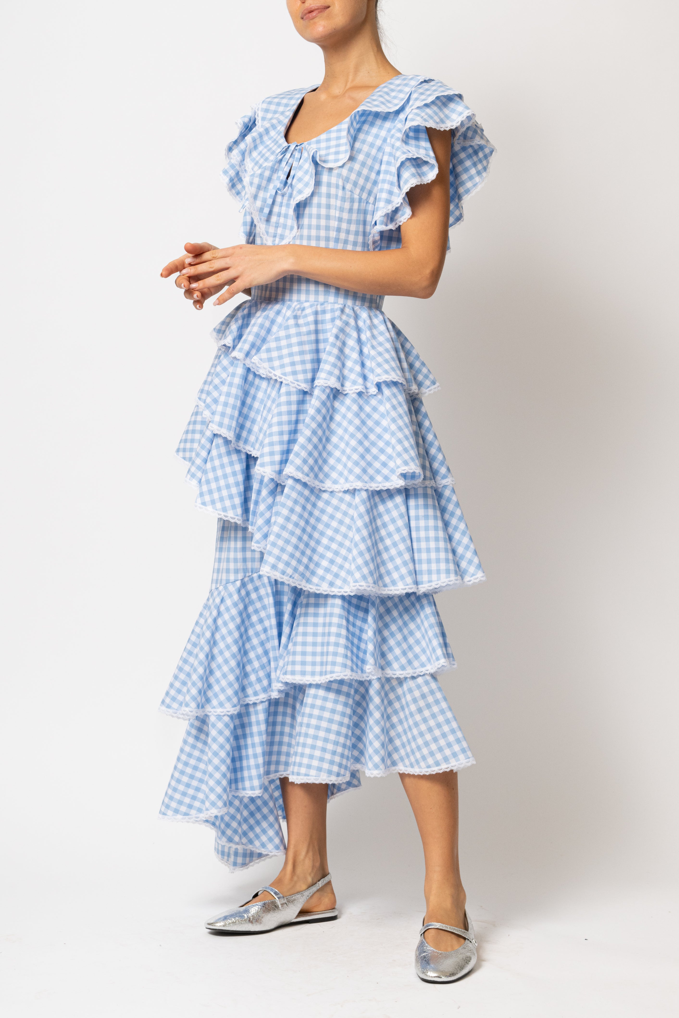 Rochie Asimetrica cu Volane, din Bumbac in Carouri Bleu
